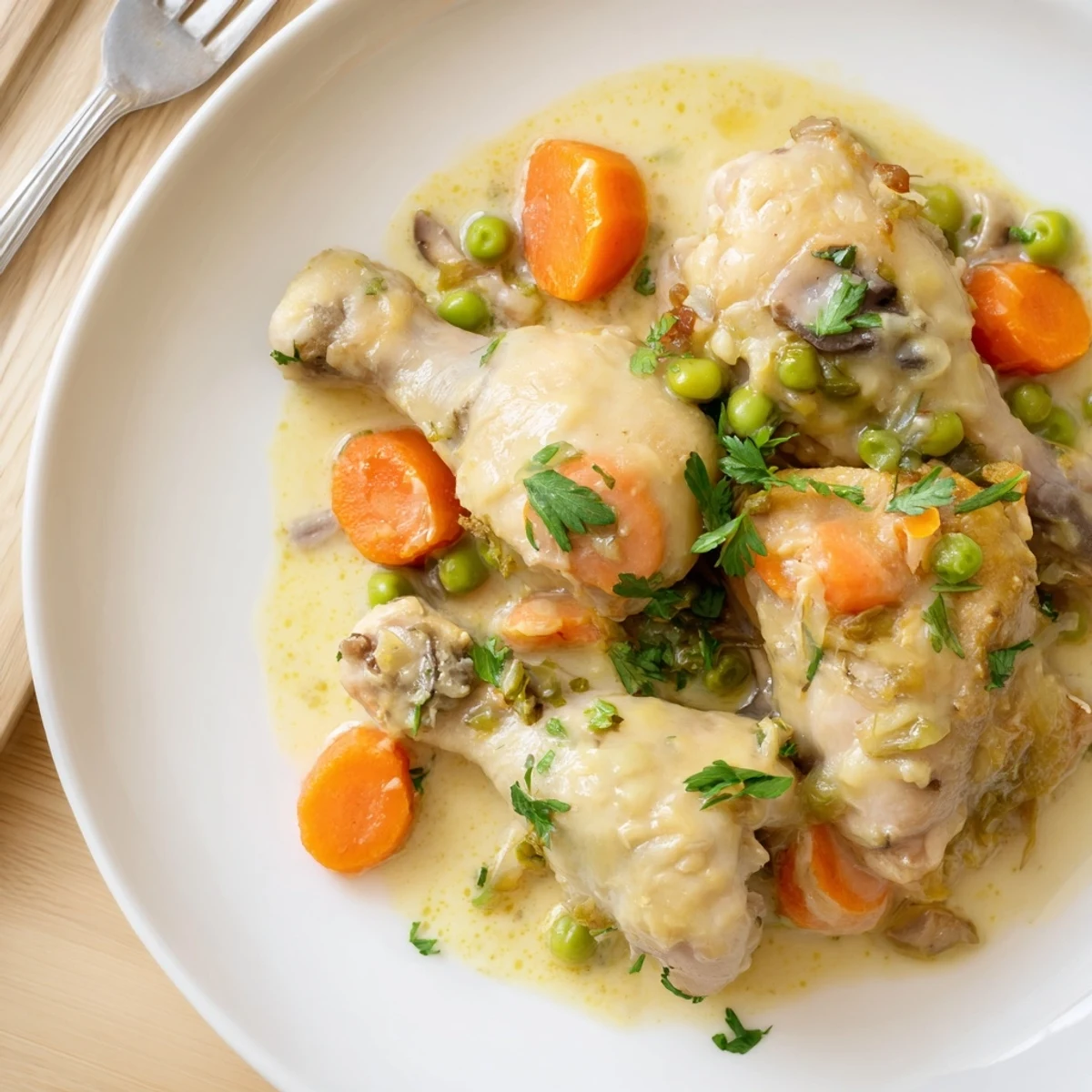 Zartes Hühnchenfrikassee mit erbsen und karotten in cremiger Soße  