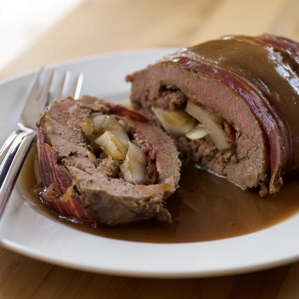 Zart gefüllte Rinderrouladen mit Speck, Zwiebeln und erdigem Rotweingeschmack.