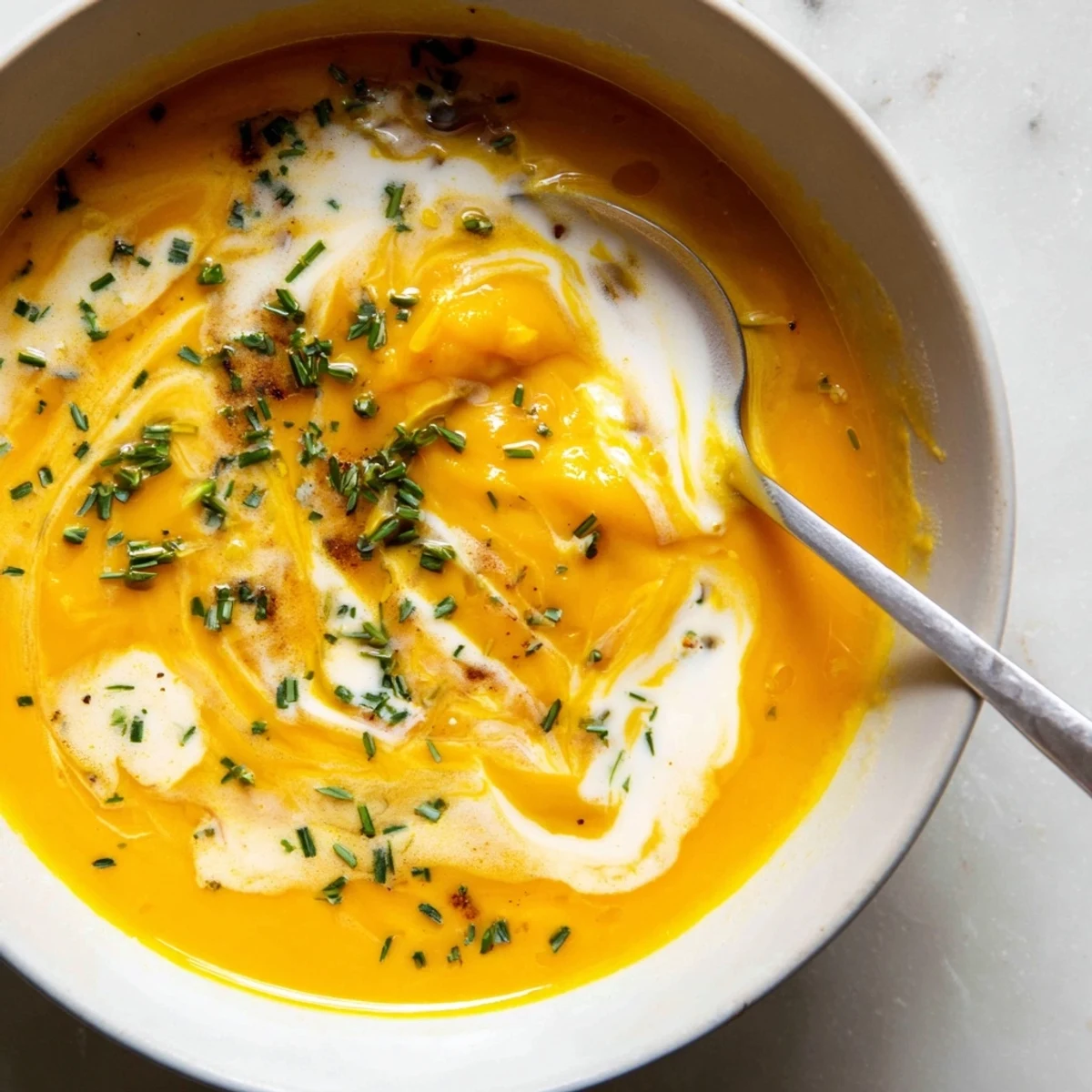 Wärmende, cremige Kürbissuppe mit frischen Kräutern, ideal zu knusprigem Brot.