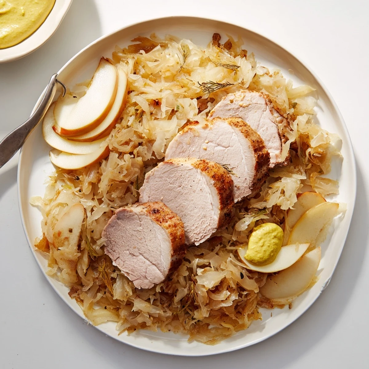 Herzhaftes deutsches Rezept: Schweinebraten mit zartem Sauerkraut und frischen Äpfeln.