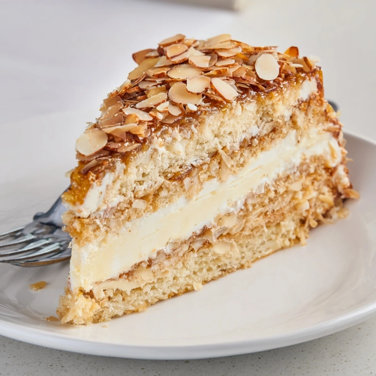 Bienenstich Kuchen mit cremiger Vanillefüllung und knusprigem Mandelbelag, ideal für Kaffeepause.