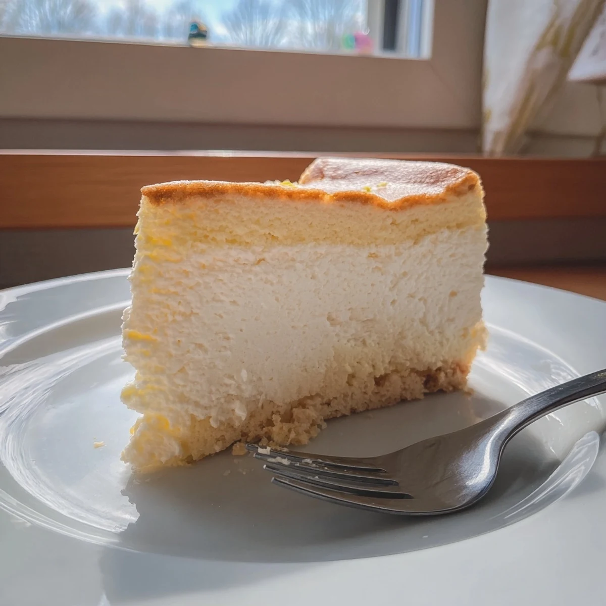 Leichter, cremiger German Cheesecake mit einem zarten, buttrigen Boden serviert.