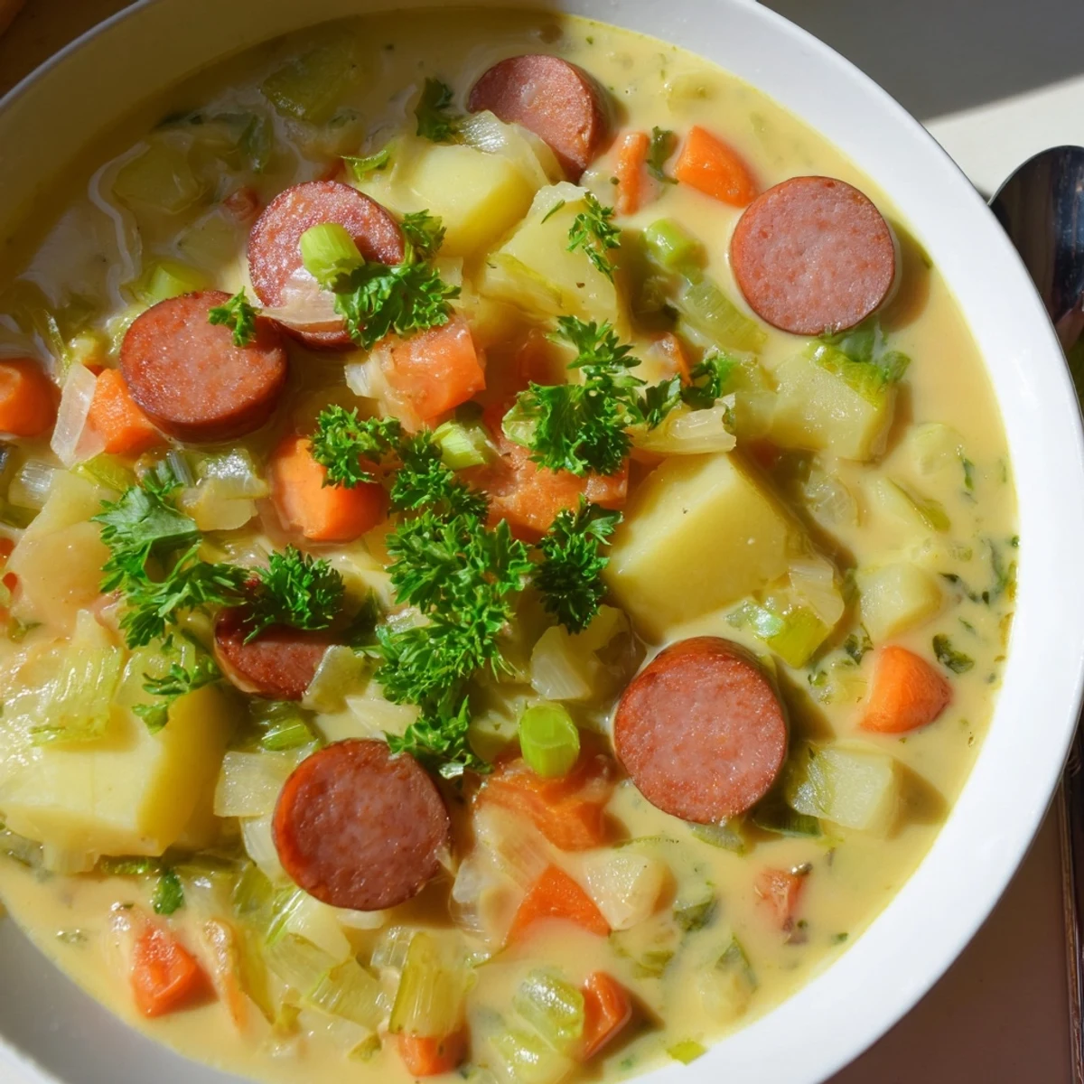 Wärmende Kartoffelsuppe kombiniert zarte Kartoffeln, frisches Gemüse und Wieners für ein gutes Essen.