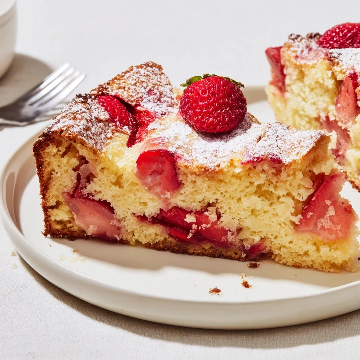 Frischer Erdbeerkuchen auf einem Teller, dekoriert mit Puderzucker und ganzen Erdbeeren.  