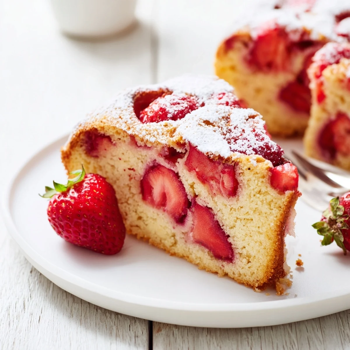Saftiger frischer Erdbeerkuchen mit hellem Teig und fruchtigen Bissen für den Sommer.  