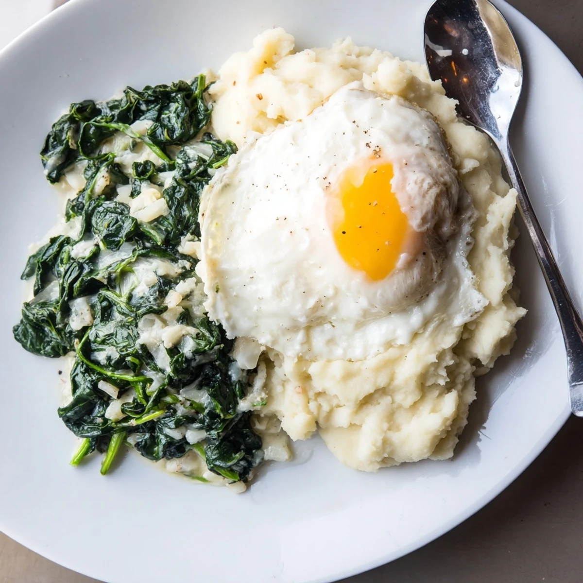 Cremiger Spinat mit Kartoffelpüree und Spiegelei, dekorativ auf dem Teller angerichtet.  