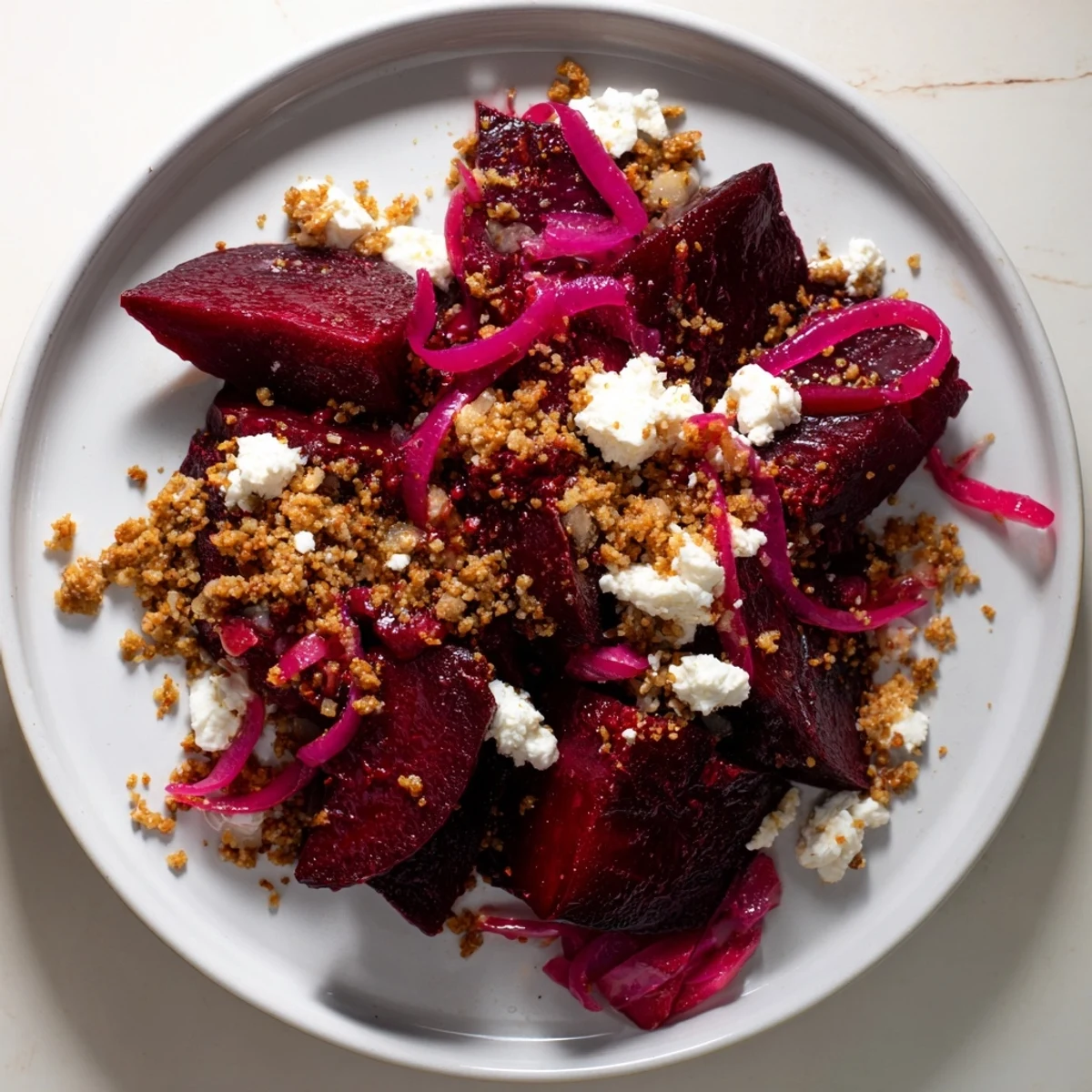 Close-up of a warm Beet & Caraway Seed Salad, showing colorful beets and crunchy rye crumbs on top.
