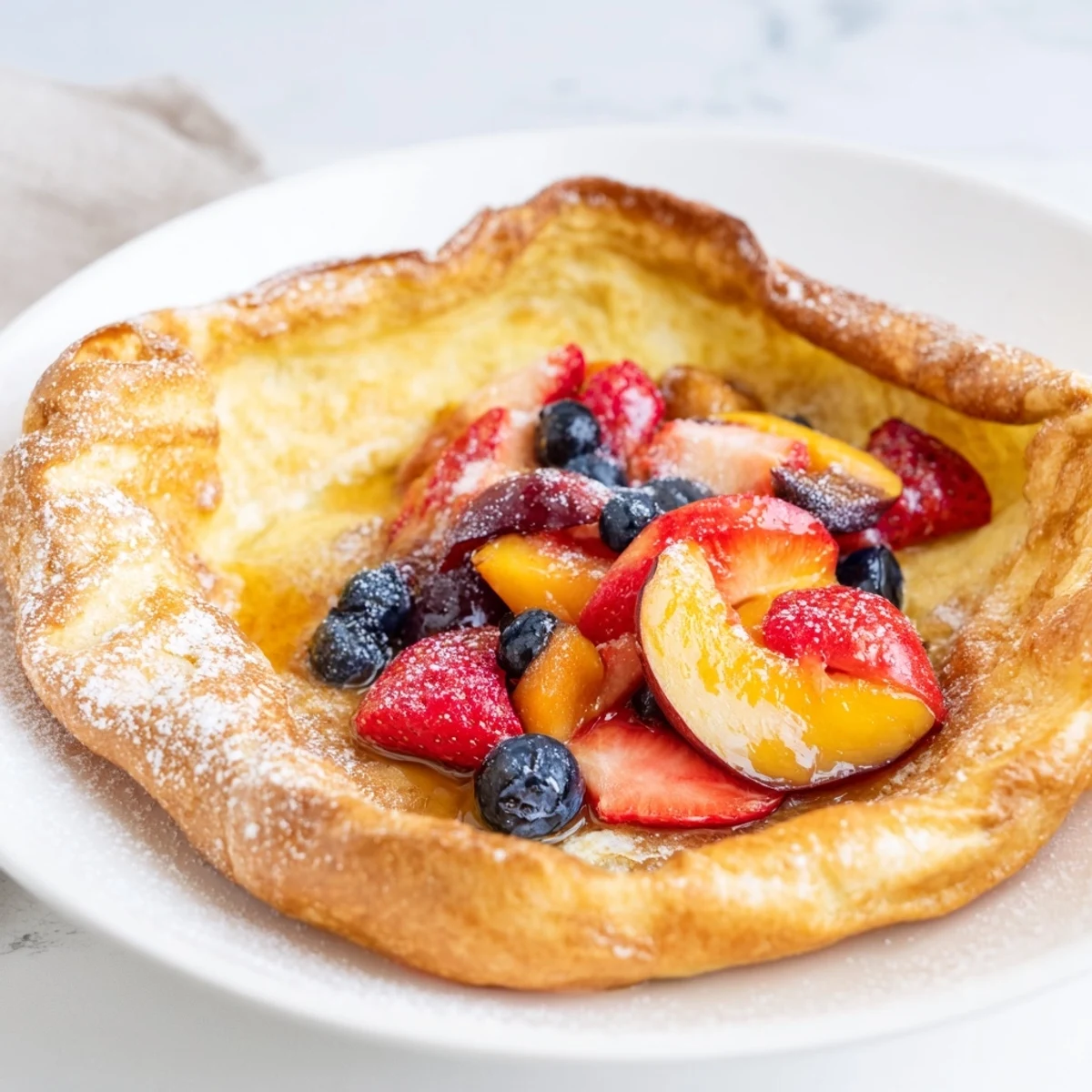 Fluffy Quick German Pancakes topped with fresh seasonal fruit and a drizzle of honey, ready to enjoy.