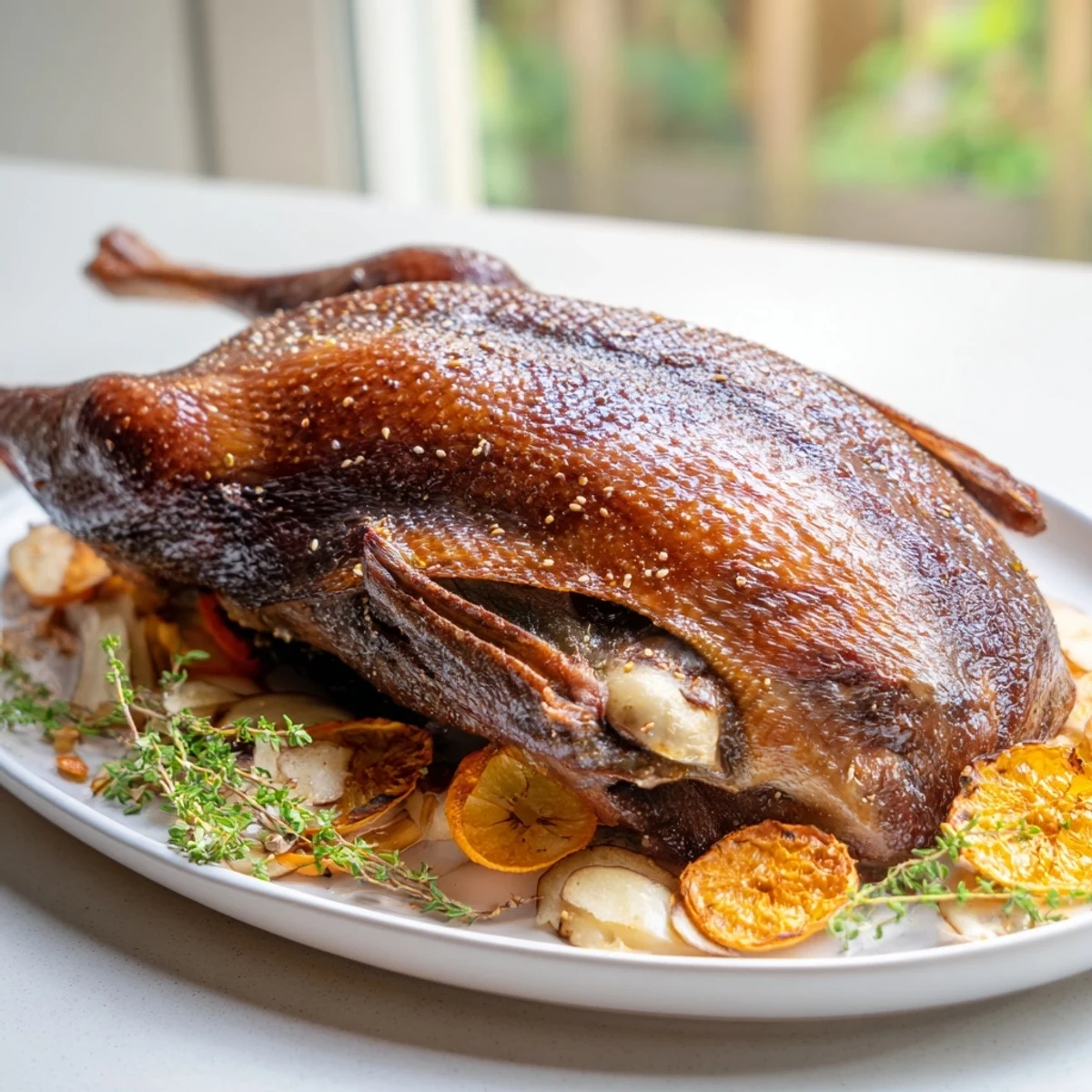 Golden-brown Festive Roast Goose glistens, showcasing an Asian five-spice rub's rich aroma for a holiday feast.