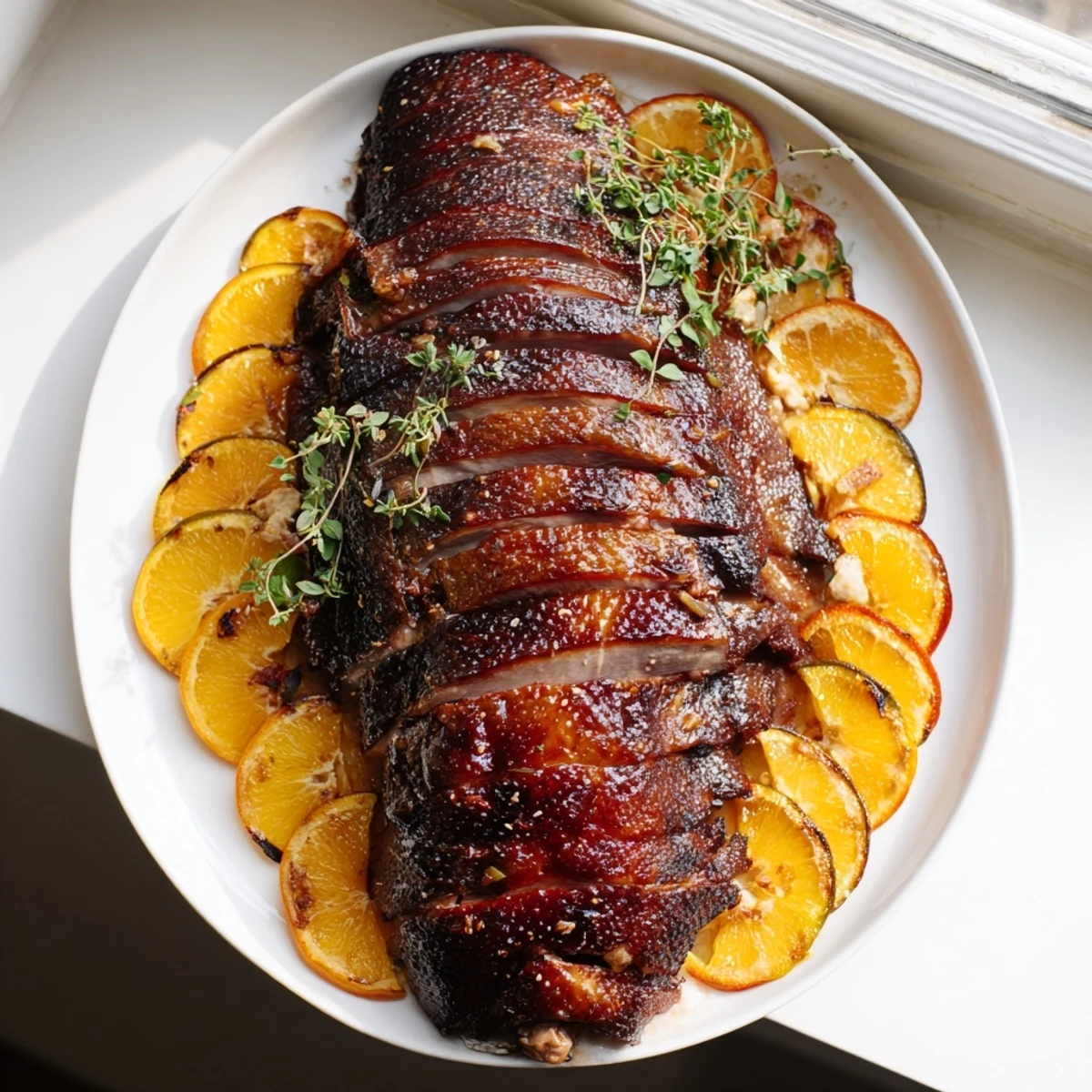 Close-up of juicy, perfectly roasted Festive Roast Goose, ready to serve with flavorful pan juices for a celebratory dinner.