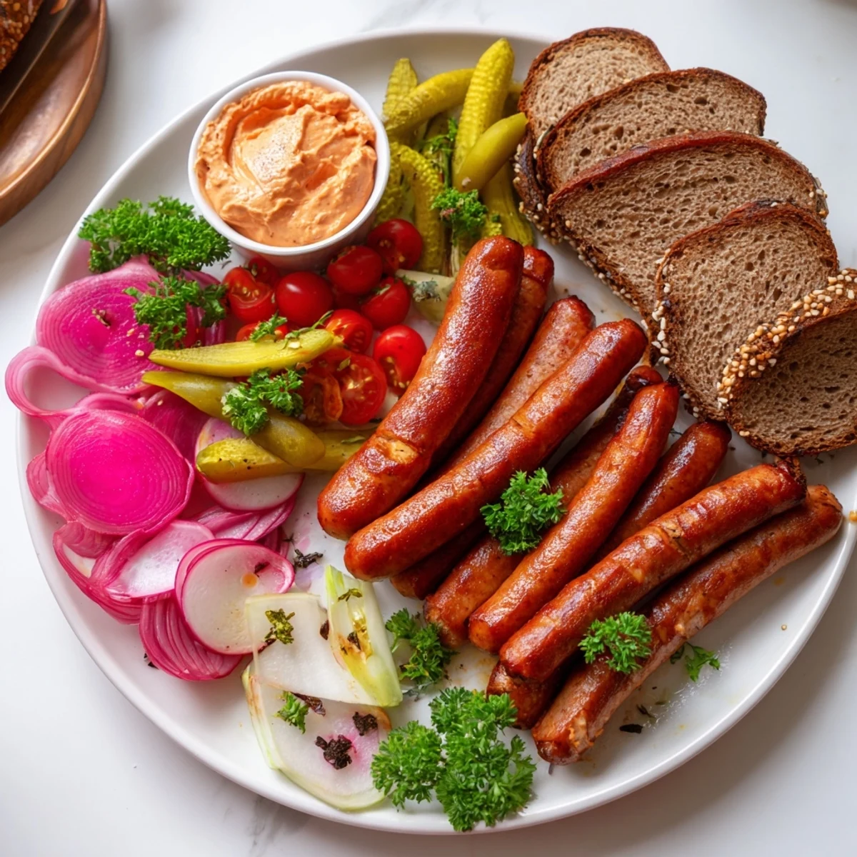 A visually appealing vegan German sausage board with various hearty sides and sriracha mayo.