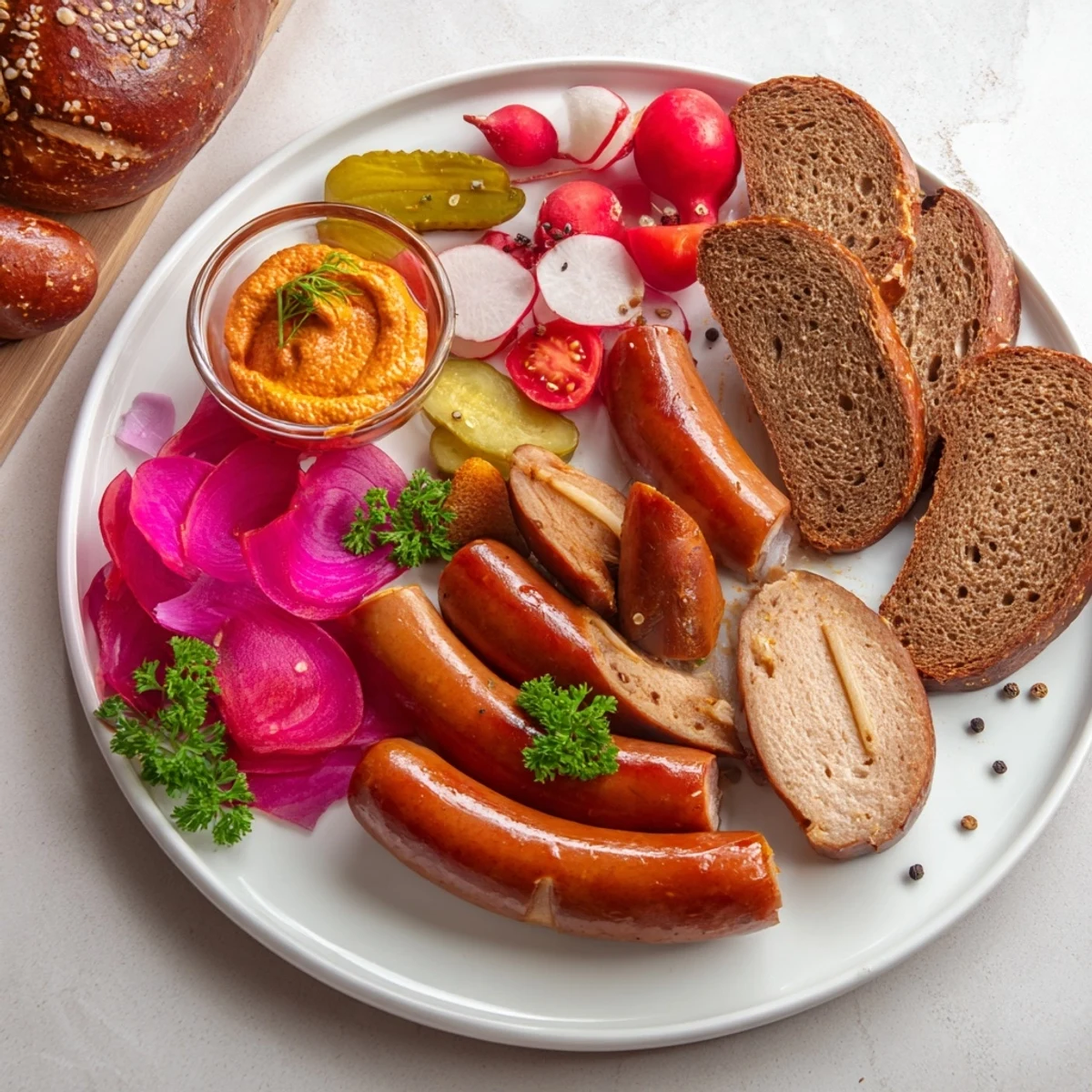 Savory vegan German sausage board with crispy pretzels, colorful vegetables, and a spicy dip to share.