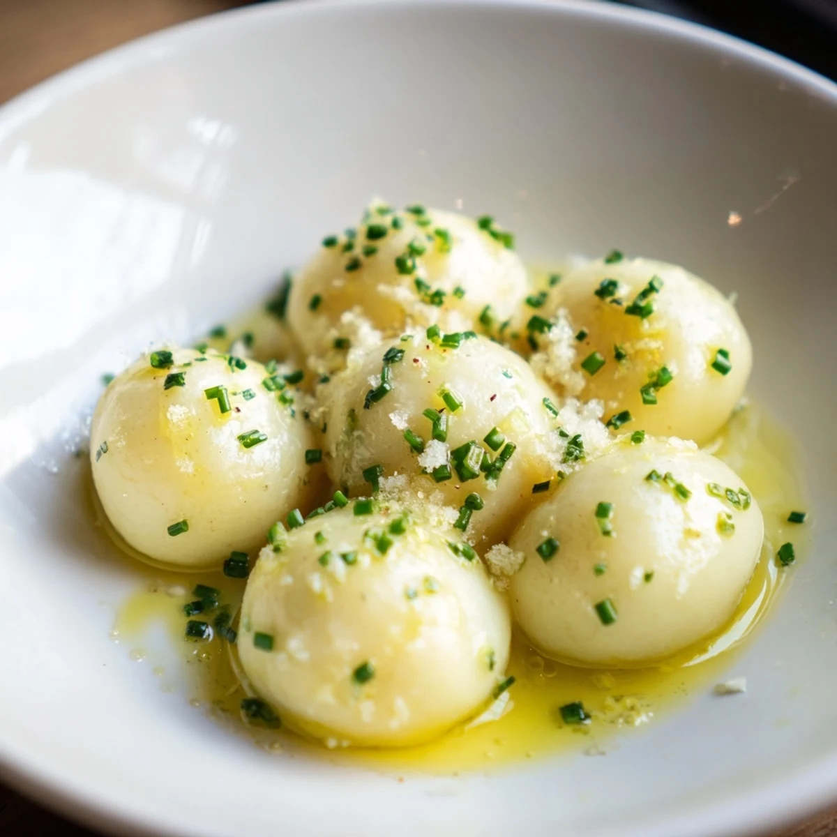 Close-up of potato dumplings, perfectly cooked and glistening, topped with truffle oil droplets, a flavorful side.