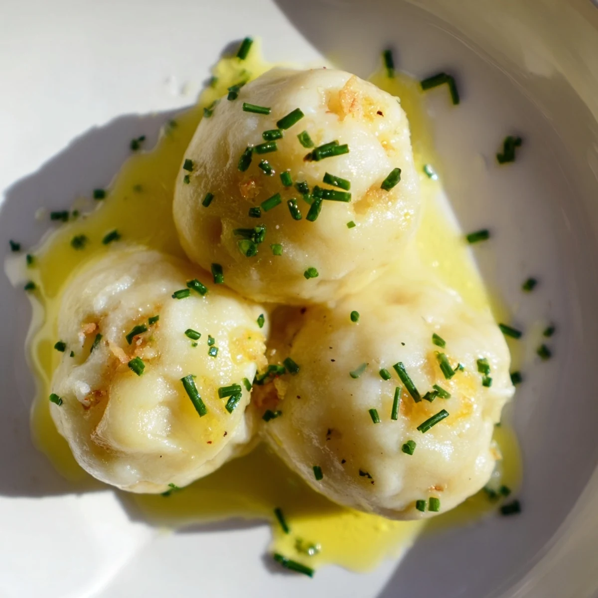 Golden potato dumplings, swimming in melted butter and truffle oil, a warm and inviting dish.