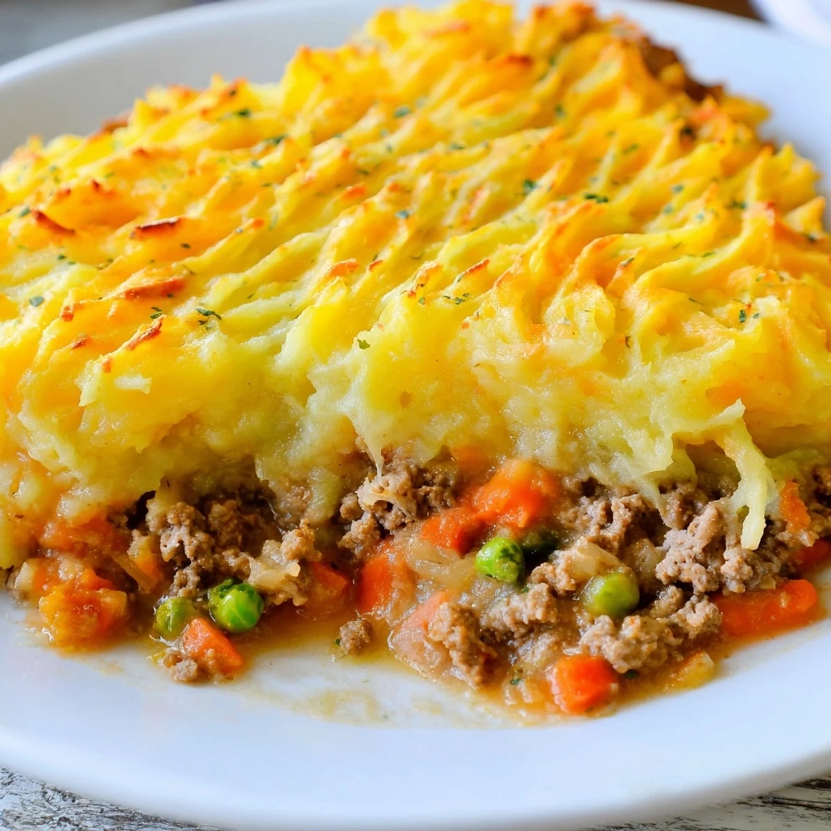 Hearty Rustic German Shepherd's Pie showing a golden cheddar mash topping.
