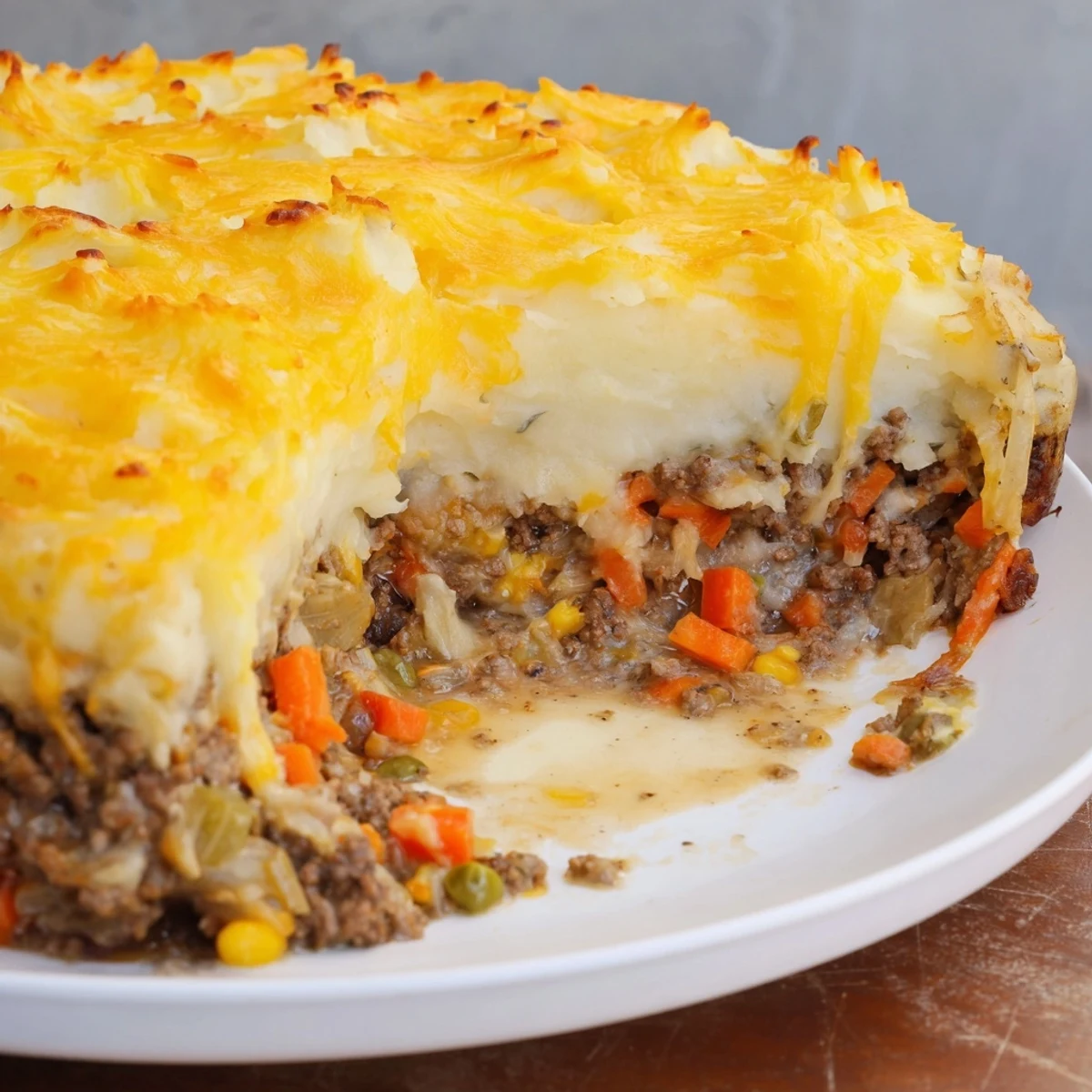 Steaming Rustic German Shepherd's Pie, showcasing the rich ground beef filling under cheesy potatoes.