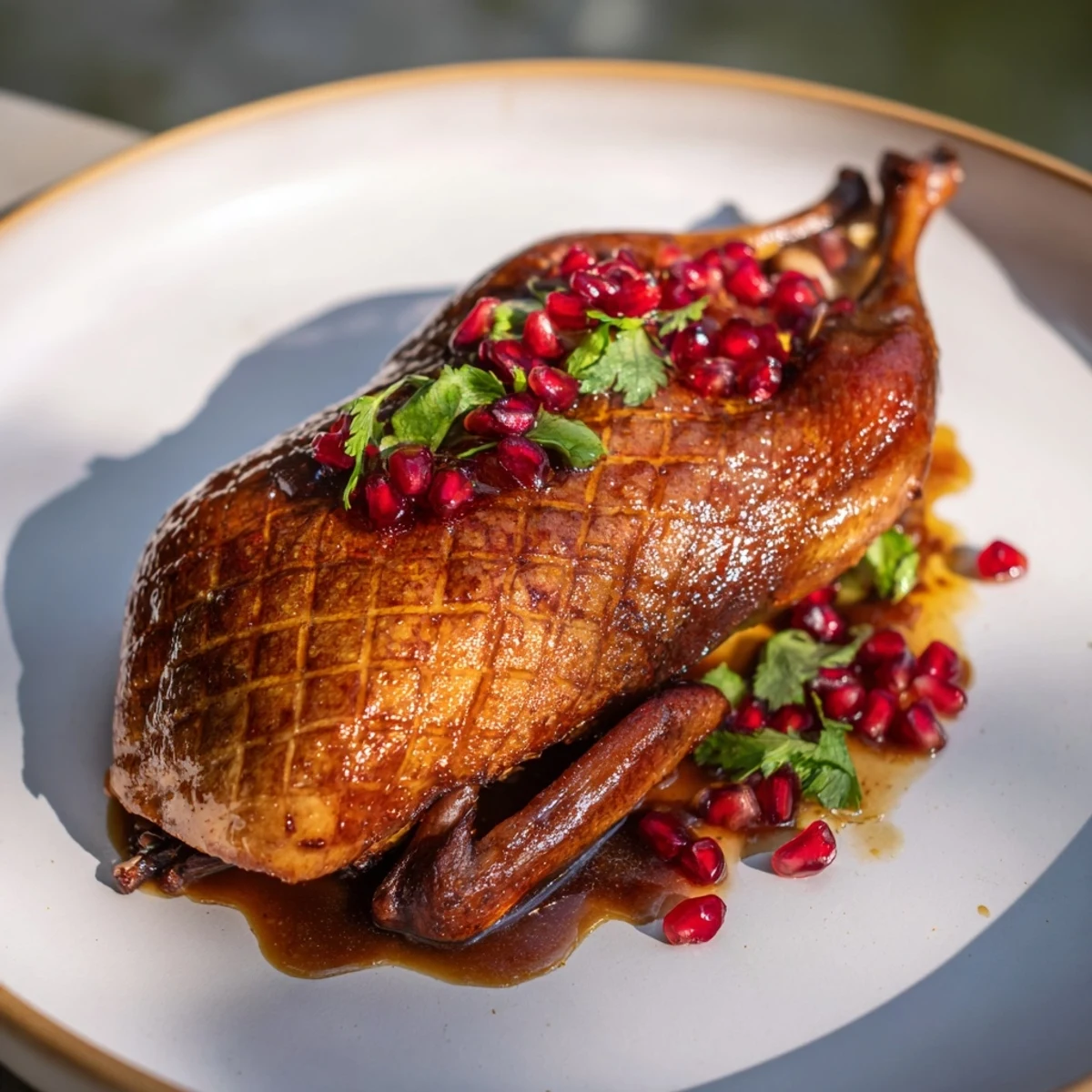 Golden-brown roasted duck breast, sliced and glistening, drizzled with sweet pomegranate reduction.