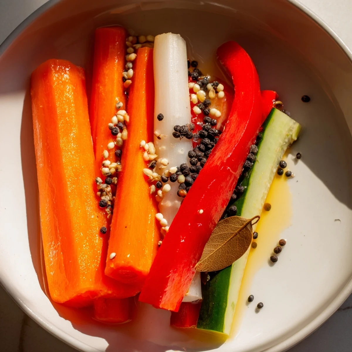 Crisp Quick Pickled Veggie Sticks, a colorful assortment of crunchy vegetables in a clear glass jar.