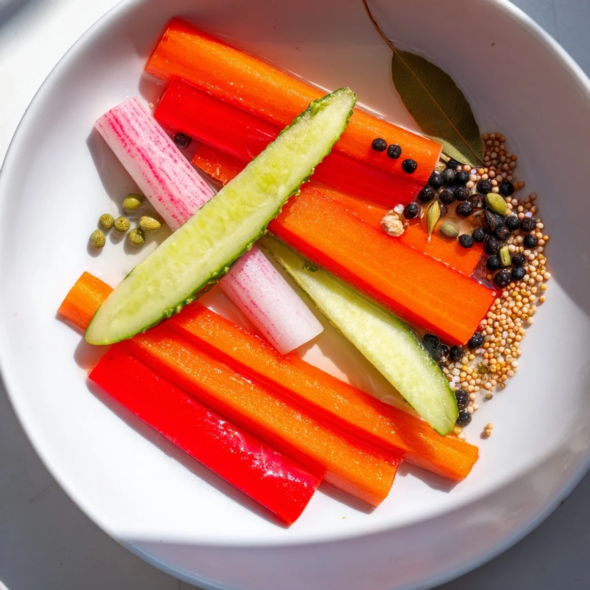 Vibrant Quick Pickled Veggie Sticks ready to eat, served in a bowl, perfect for a side dish.