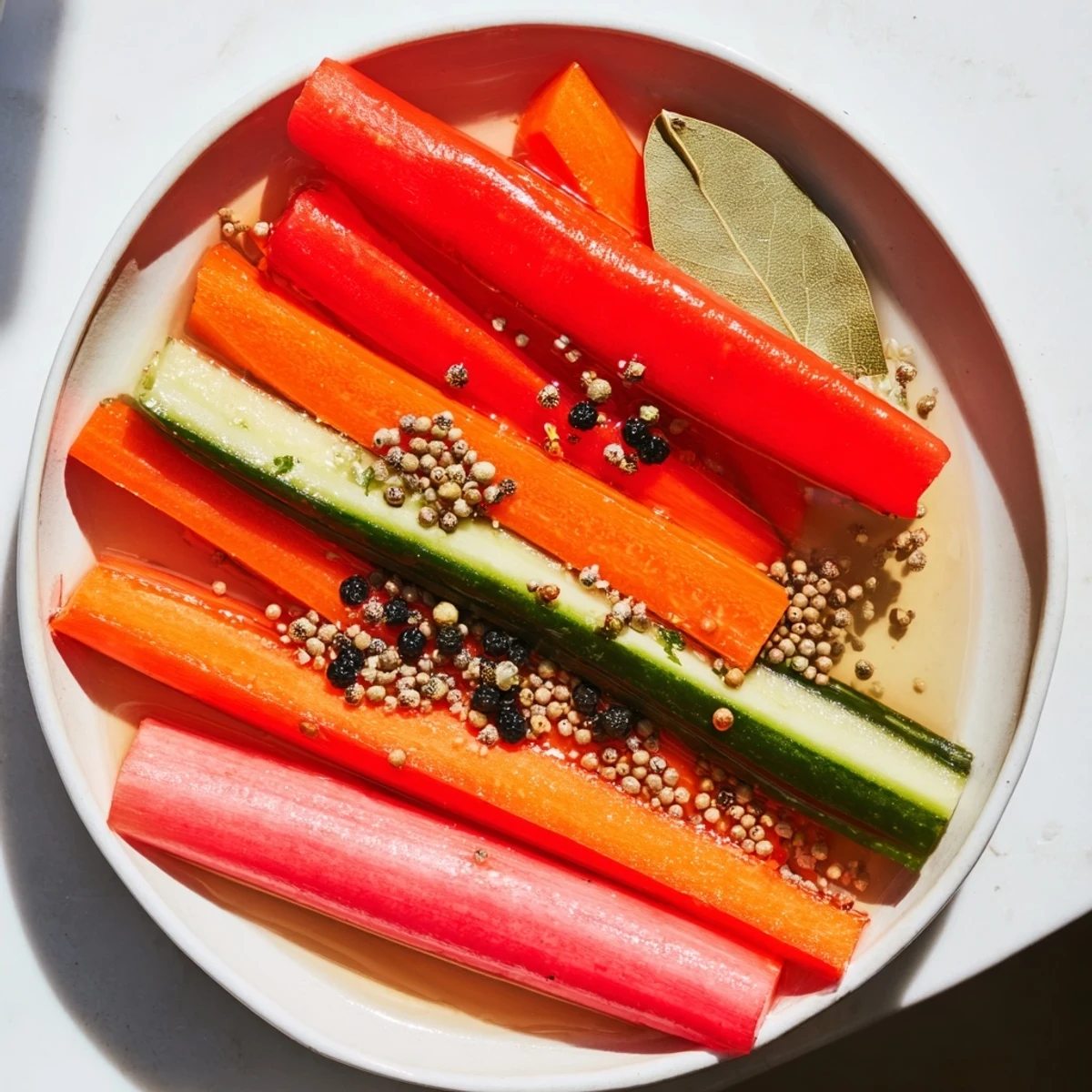 Close-up of freshly made Quick Pickled Veggie Sticks, featuring carrots, cucumbers, and peppers.