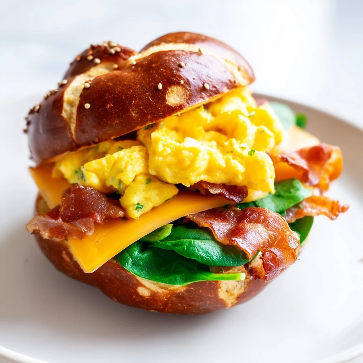 Perfectly golden pretzel bagel breakfast sandwich, layered with crispy bacon and melted cheddar.