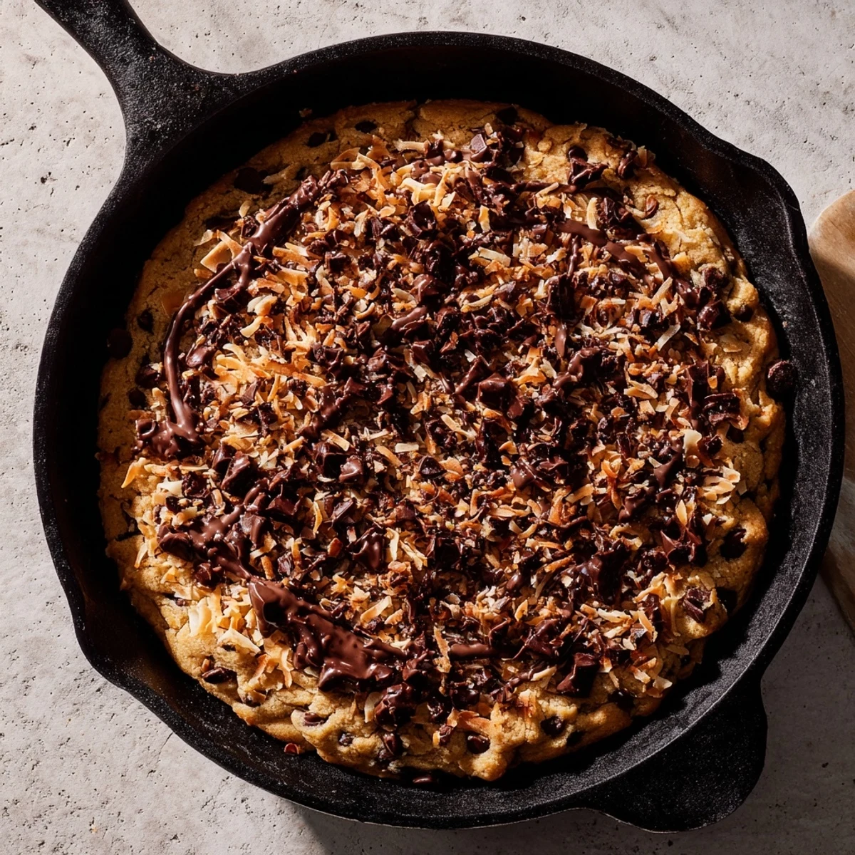 Warm German Chocolate Skillet Cookie, a decadent dessert, fresh from the oven, ready to serve.