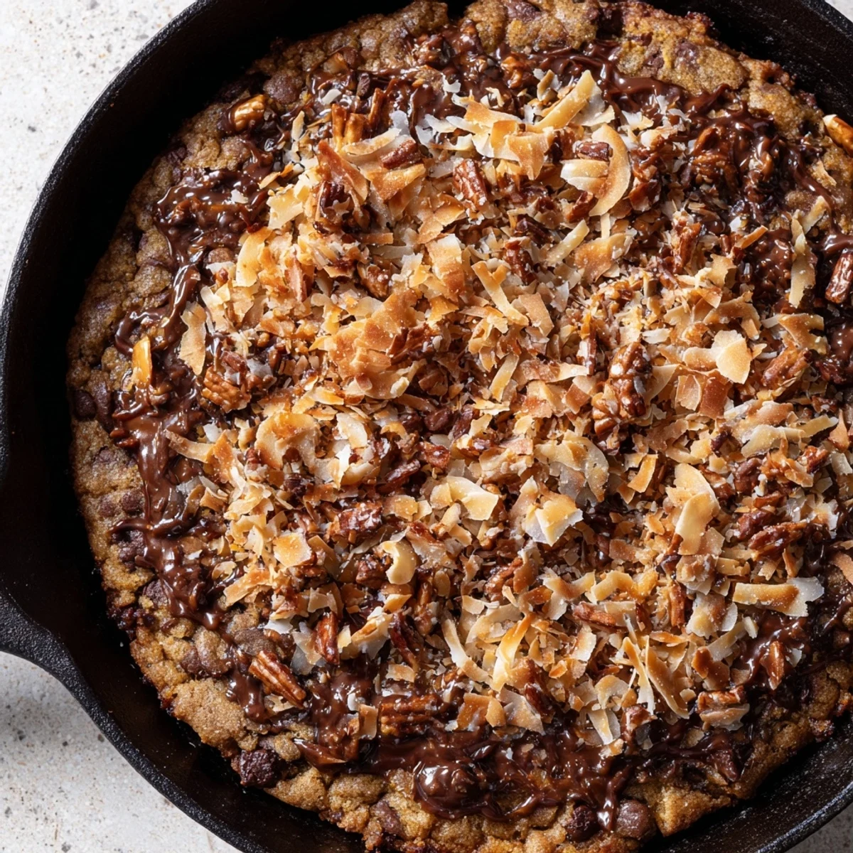 Imagine the rich chocolate scents of this German Chocolate Skillet Cookie topped with coconut pecan.
