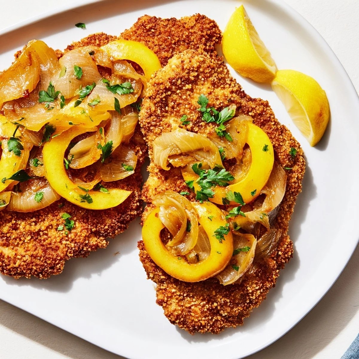 A close-up of a perfectly fried Caramelized Onion Schnitzel, ready to be served with parsley.