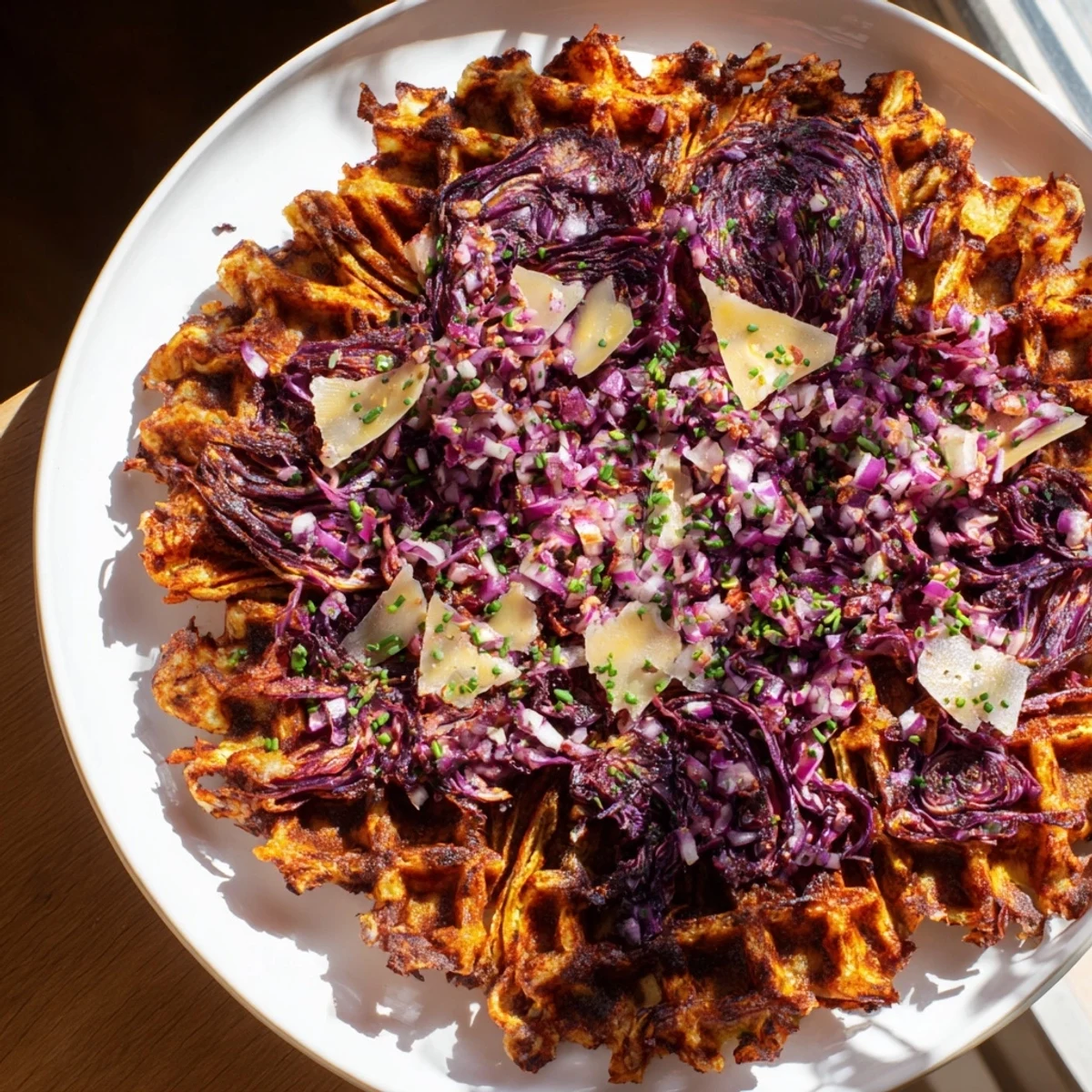 Golden, crispy Crispy Red Cabbage Waffles, ready to serve with fresh parsley for a tasty brunch!