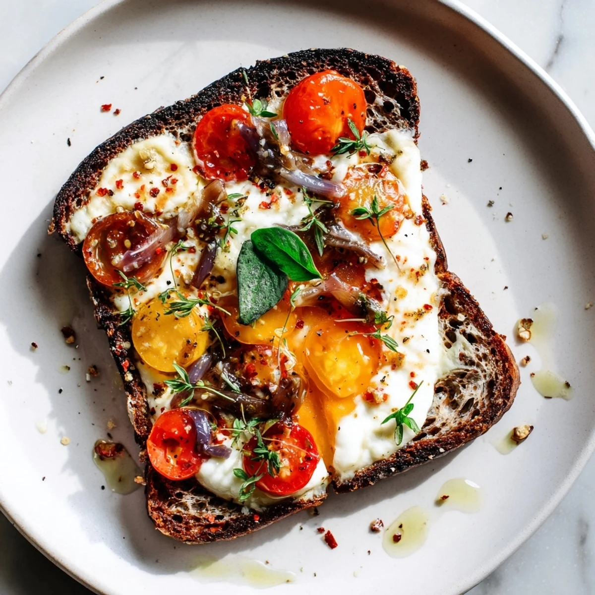Golden, bubbly Marble Rye Pizza Toast topped with olives, peppers, and melted mozzarella cheese.