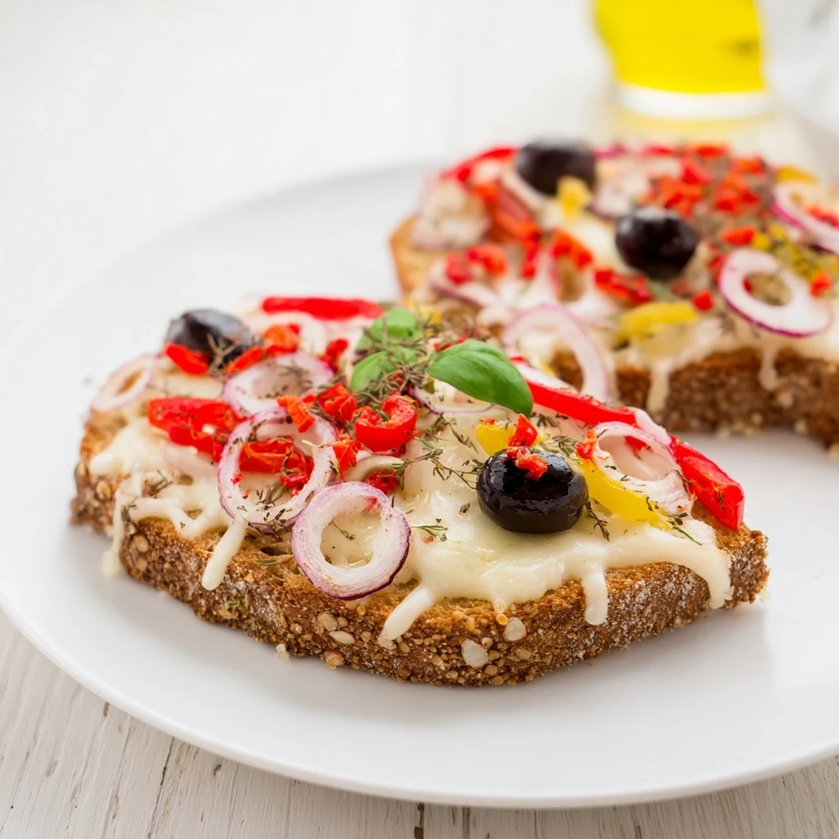 Close-up of freshly baked Marble Rye Pizza Toast: cheesy, savory goodness with a crispy crust.