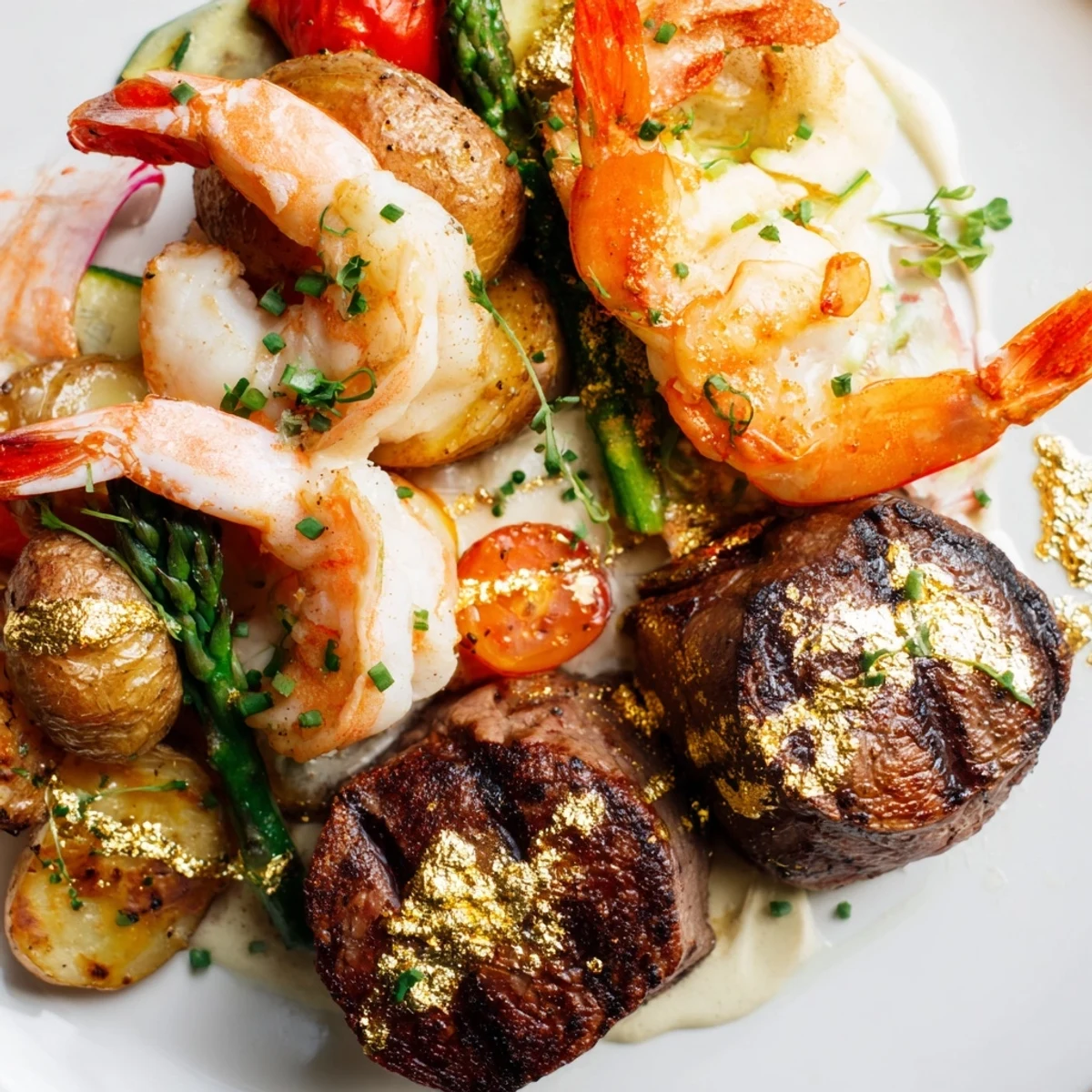 Golden Heart Luxury Platter bursting with seared meats and seafood, artfully arranged on a platter.