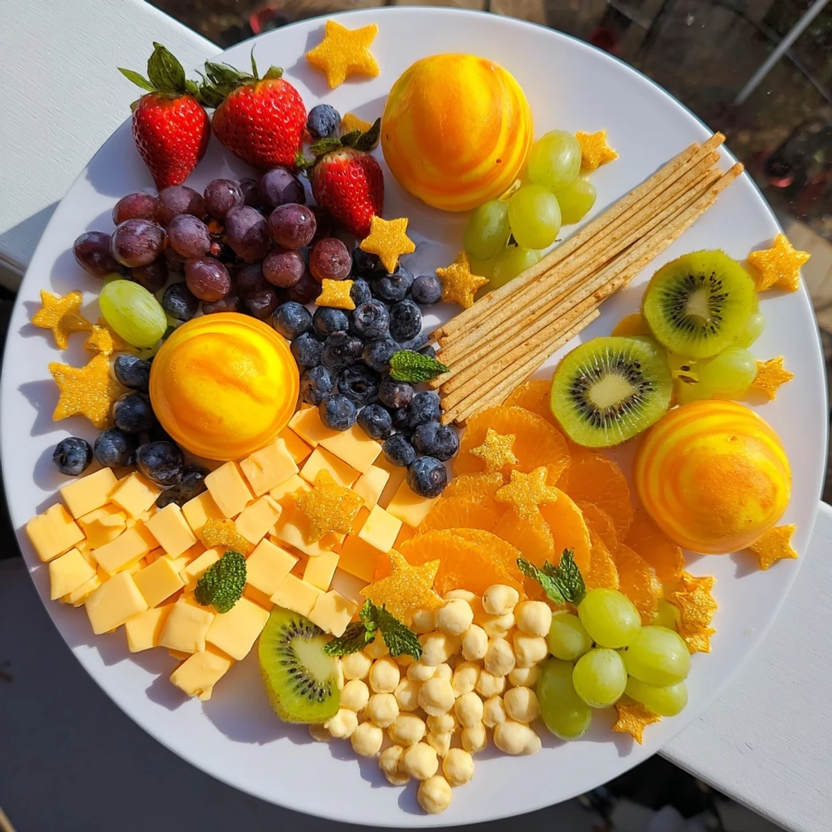 Vibrant Comet & Planet Grazing Tray, showcasing a fun space theme with grapes, cheese, and dips.
