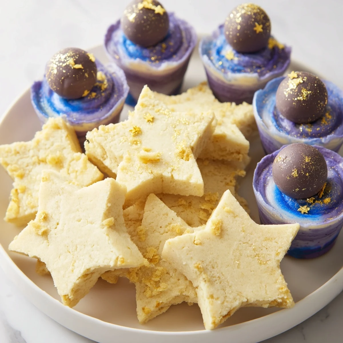 A visually stunning Stargazers Dessert Platter, featuring star-shaped shortbread and galaxy mousse.