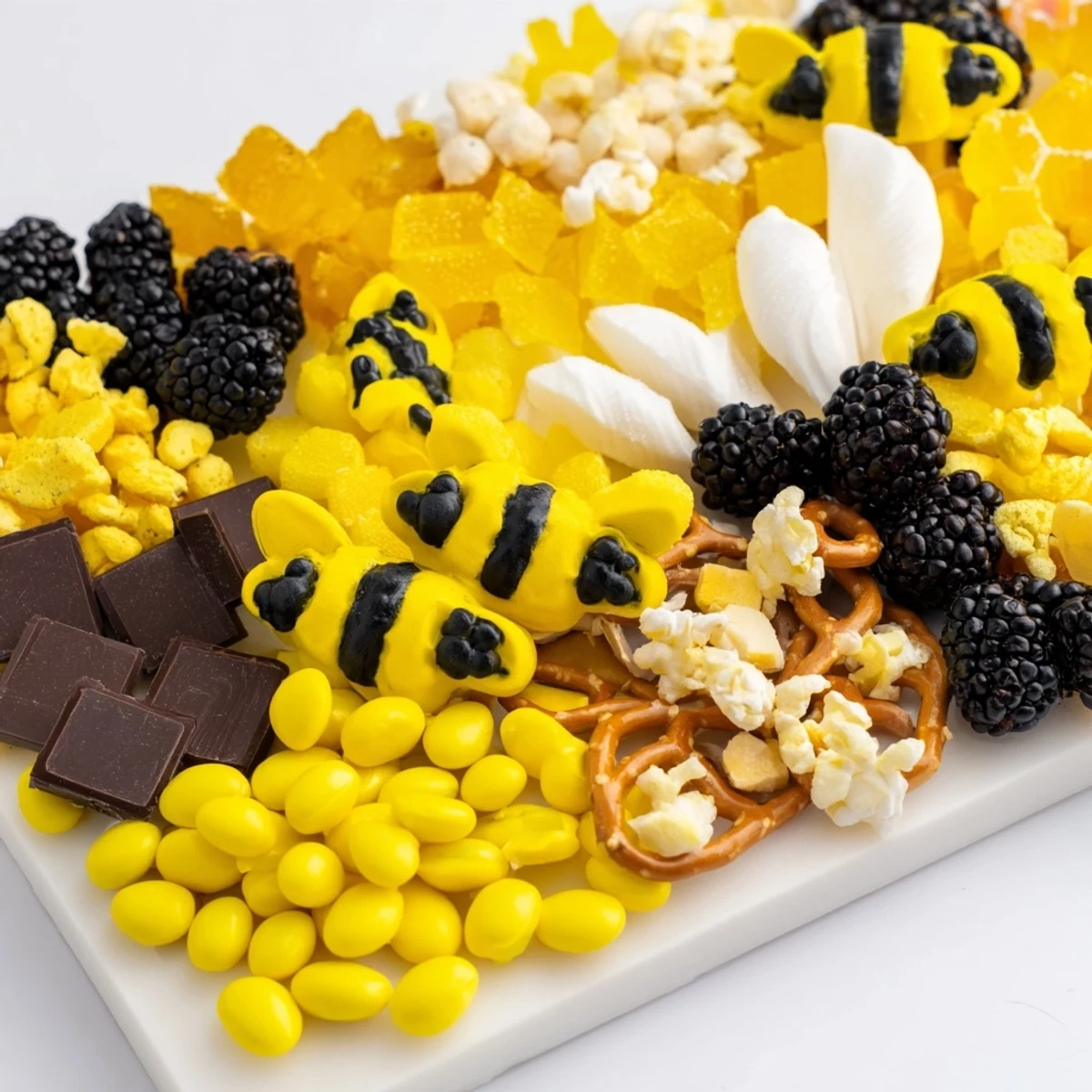 This Bumblebee Candy Board features sweet gummies, licorice, and fresh berries for snacking.