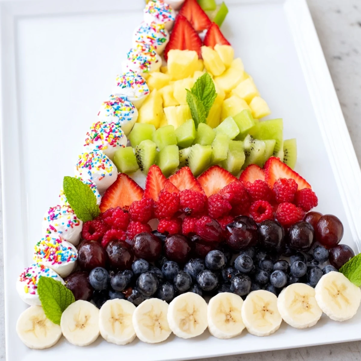 Festive Happy Birthday cake slice fruit board showcasing colorful fresh fruit, a perfect party appetizer.