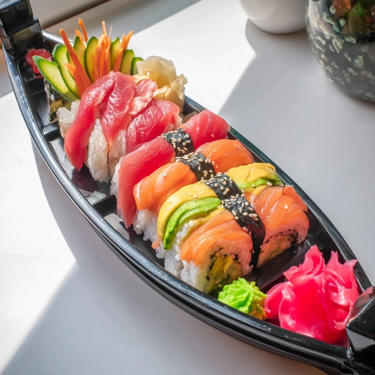 Vibrant Sail Away Boat-Shaped Sushi Platter, showing colorful sushi, perfect for a special, Japanese-style meal.