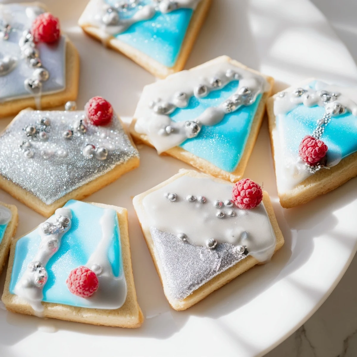 Close-up of Engagement Ring Diamond Dessert Tray, showcasing frosted cookies and fresh berries, a sweet treat.