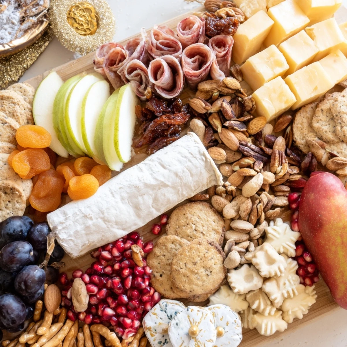 A festive Shining Bright Christmas 2025 Board overflowing with colorful cheeses, meats, and sweet treats.