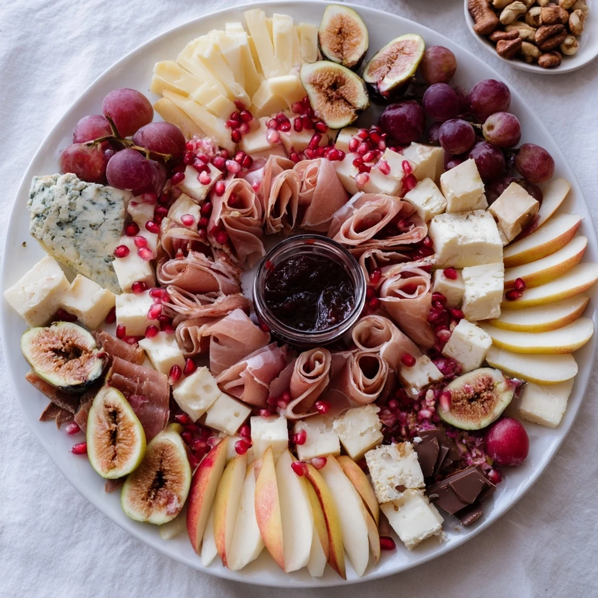 A vibrant Éclat dÉtoiles Planche de Noël brimming with artisan cheeses, meats, and fresh fruit.