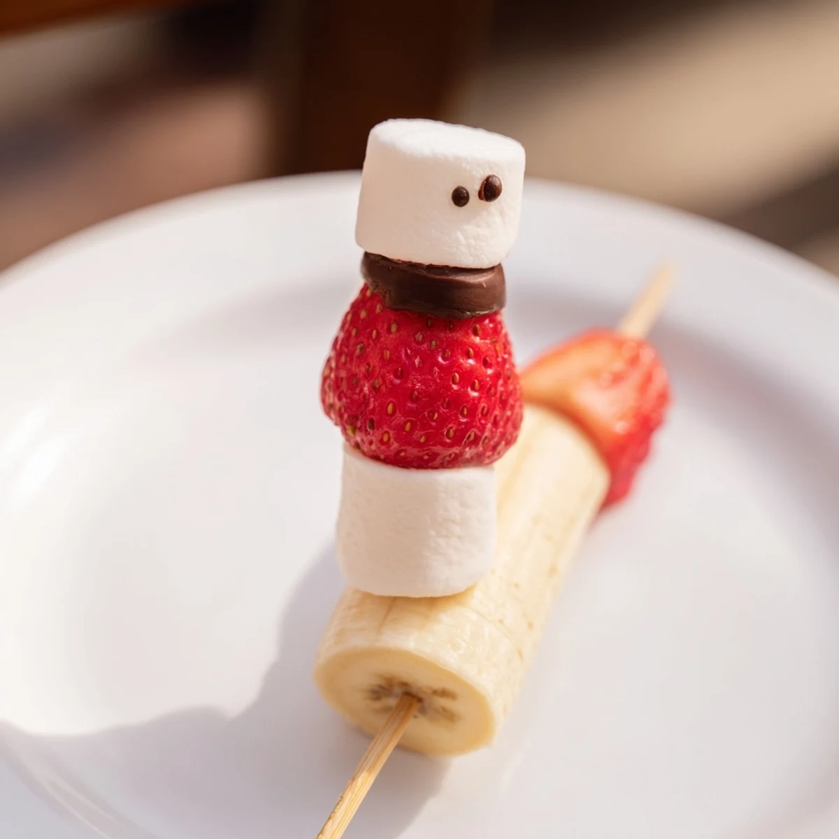 Erdbeer-Bananen-Santa-Sticks, ein Festtags-Snack mit frischen Früchten, Marshmallows auf Holzspießen.