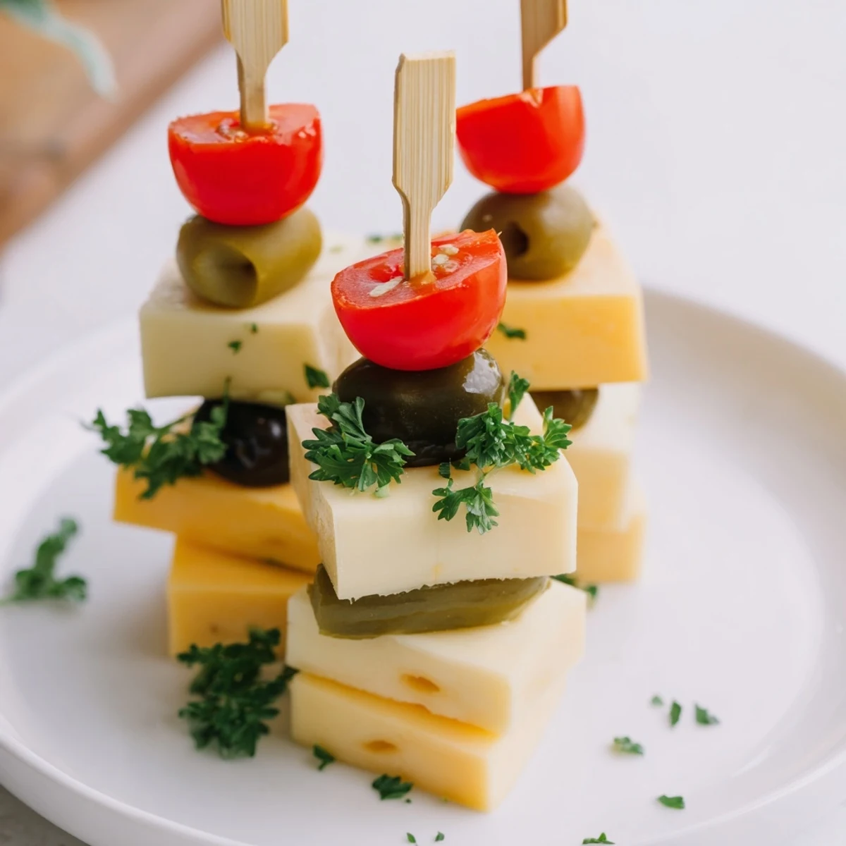 The Festive Cube Cheese Stack is a vibrant appetizer, featuring cheese and garnishes, ready to eat.