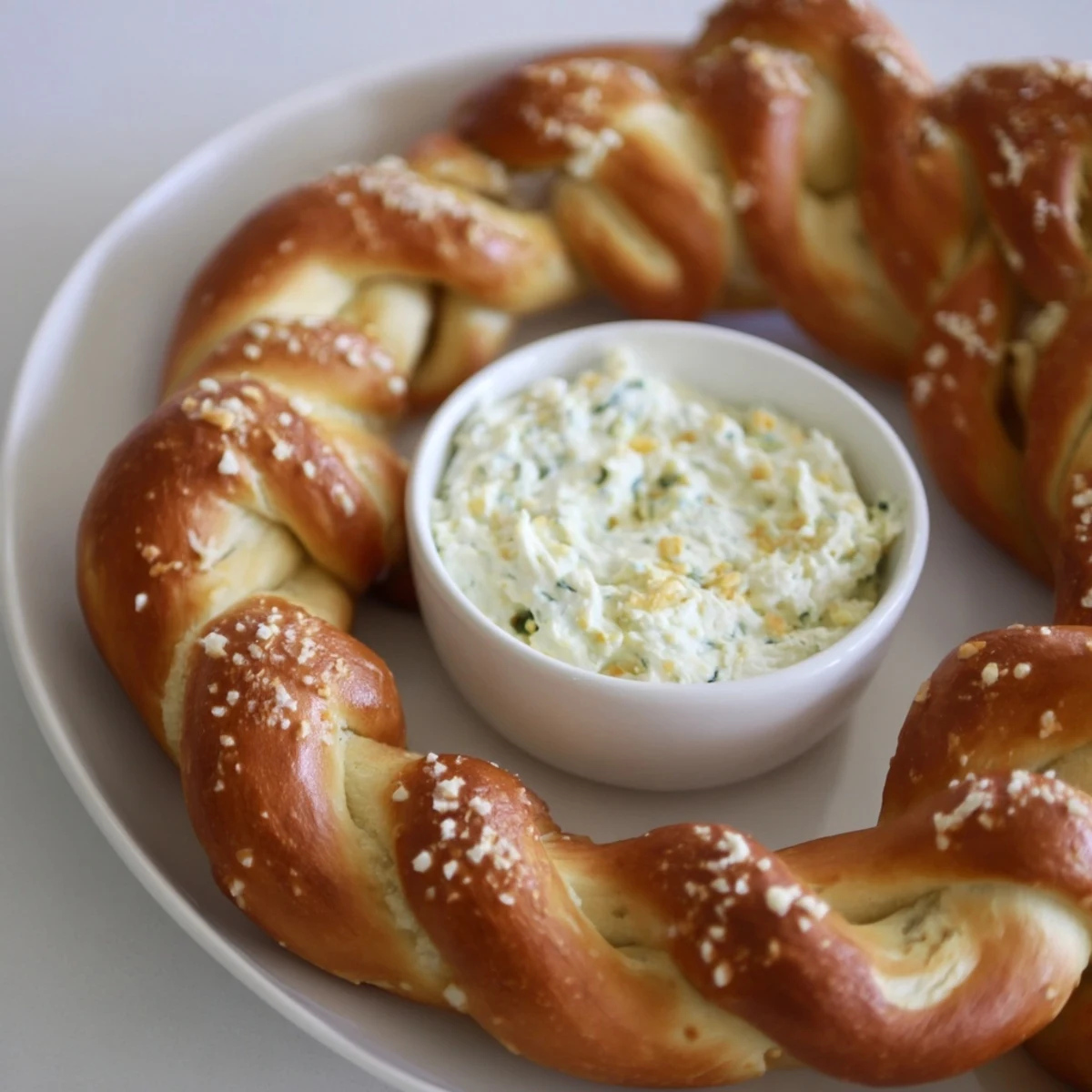 A golden brown pretzel wreath dip ring, perfect for dipping into a creamy spinach cheese dip.