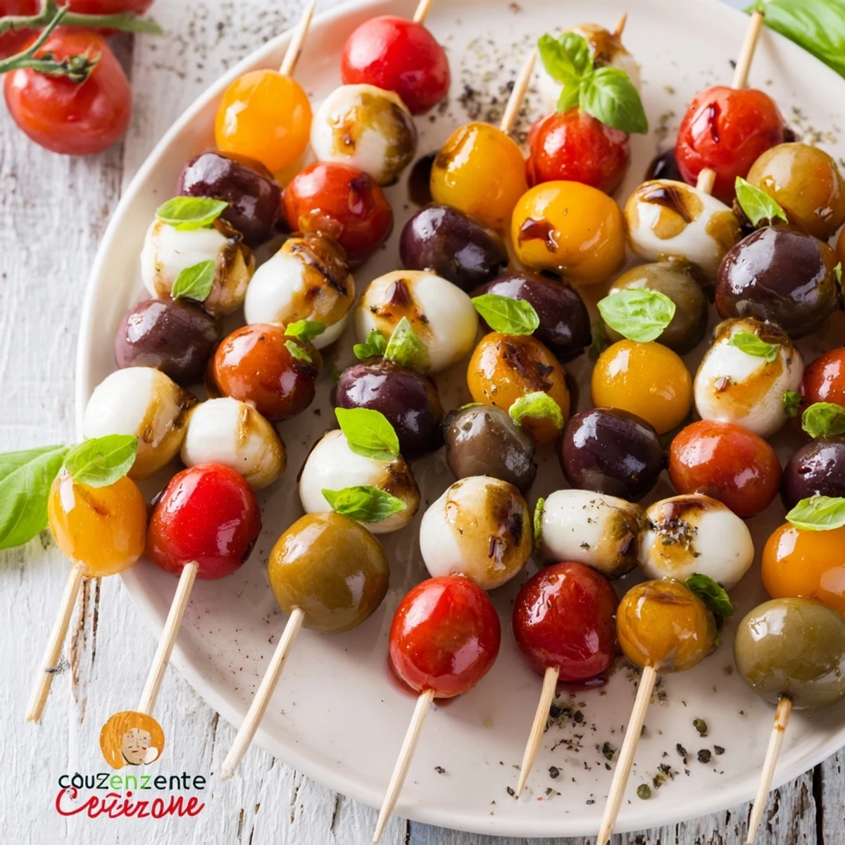 Festive Christmas Lights Olive and Tomato Skewers arranged on a platter, ready to serve with fresh basil.