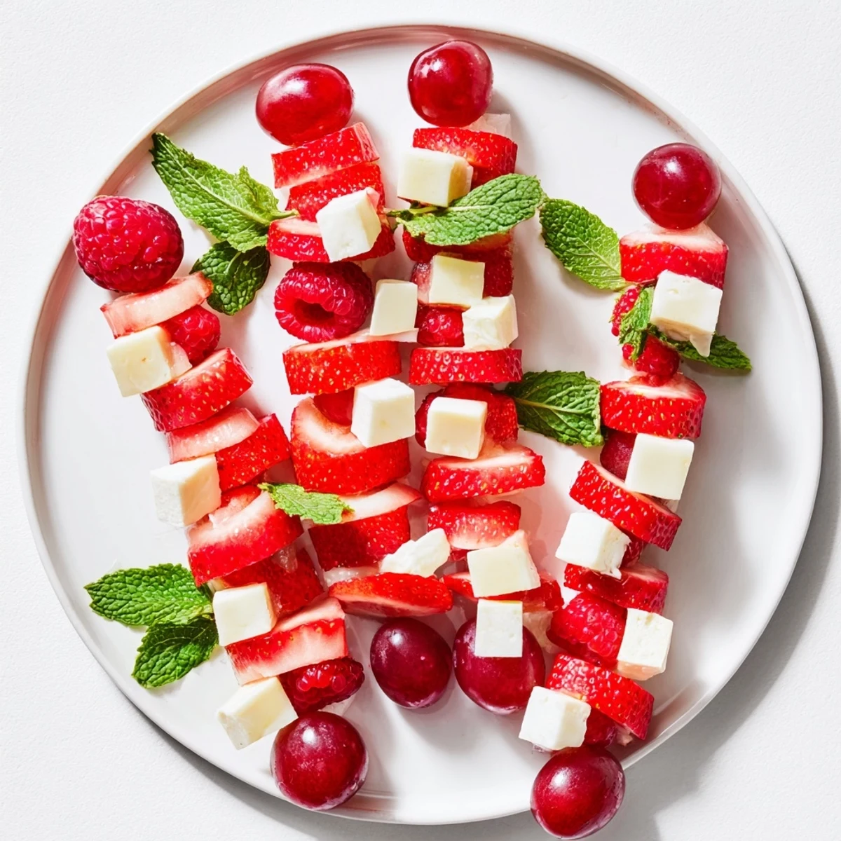 Festlicher Candy Cane Stripe Obst- und Käse-Appetizer mit frischen roten Früchten und weißen Käsesorten.