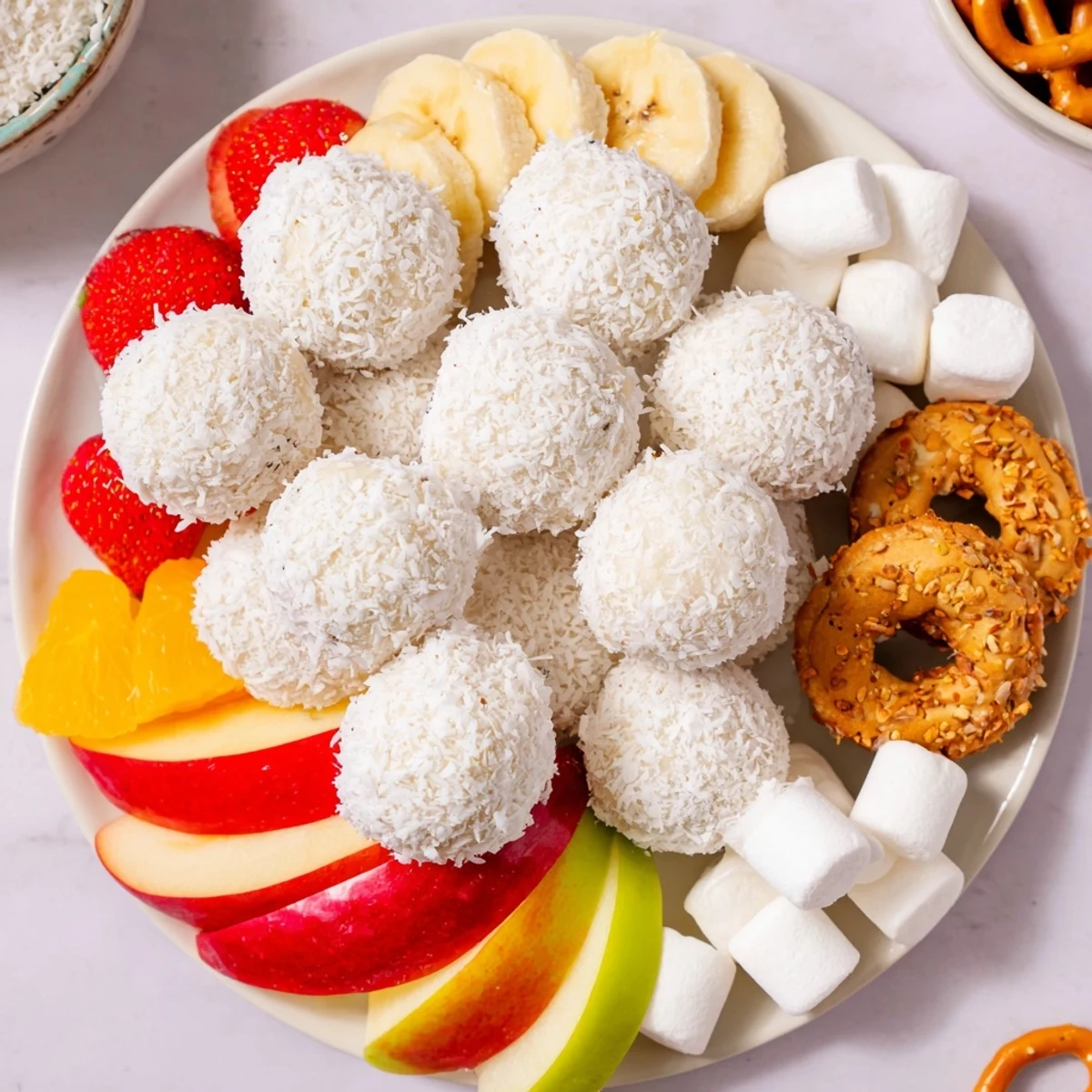 Creamy marshmallow snowball dip platter offers a delightful taste with fresh fruit and biscuit dippers.