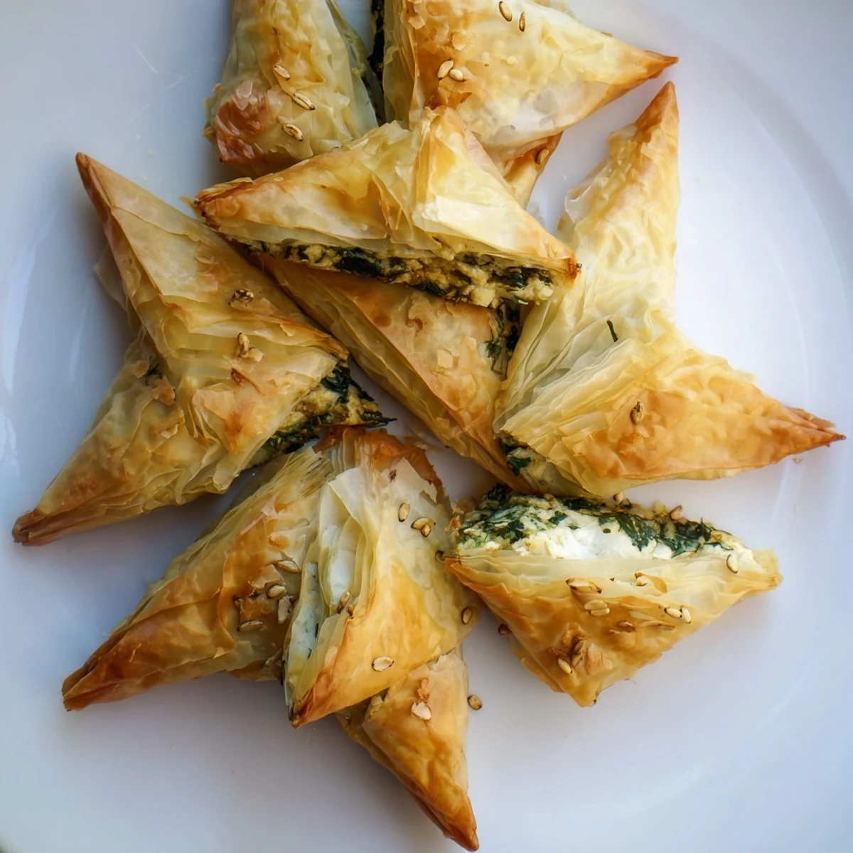 Golden brown Mini Spanakopita Triangle Cluster appetizer, ready to serve with flaky phyllo and delicious filling.