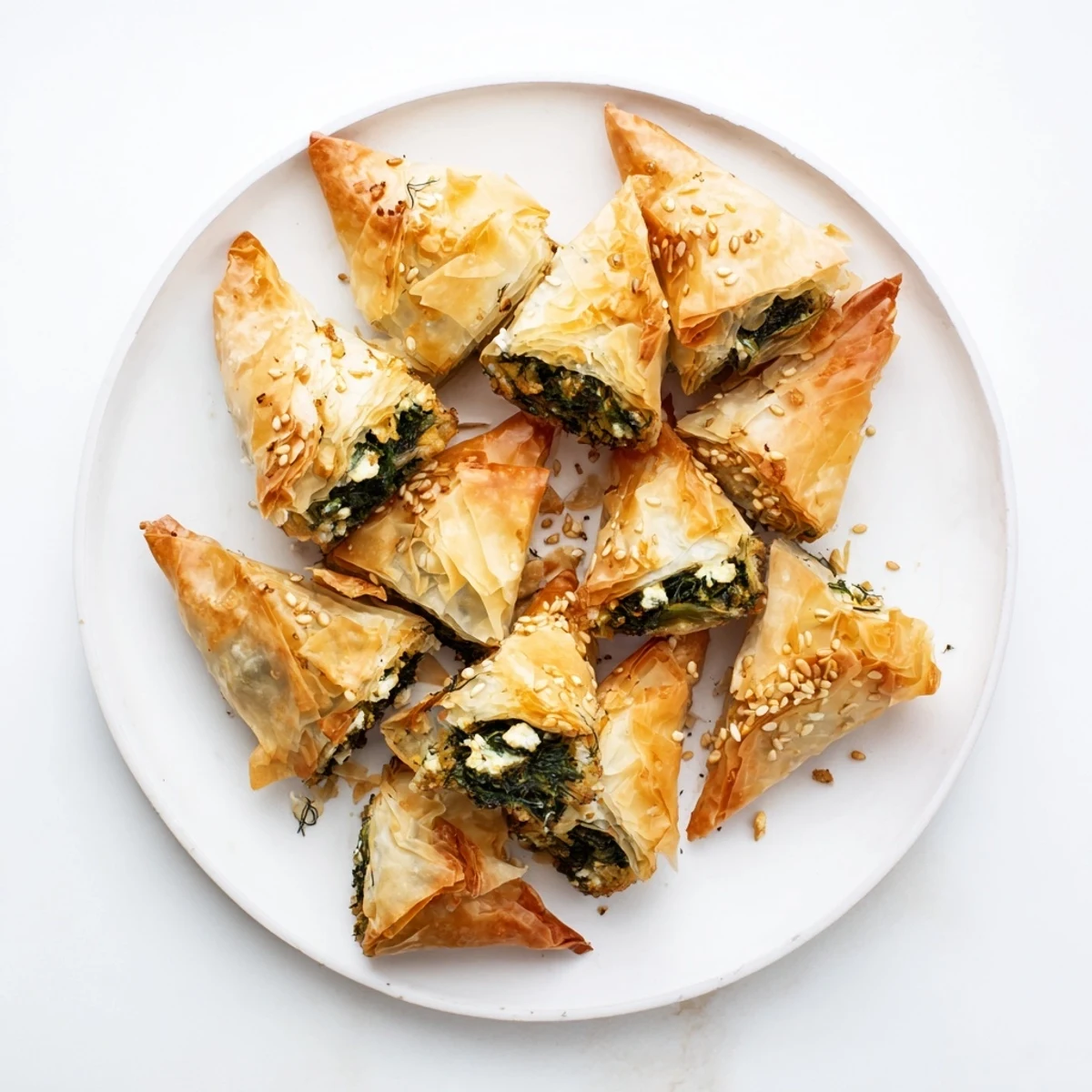 Savory close-up of baked Mini Spanakopita Triangle Cluster with visible spinach and feta cheese interior.
