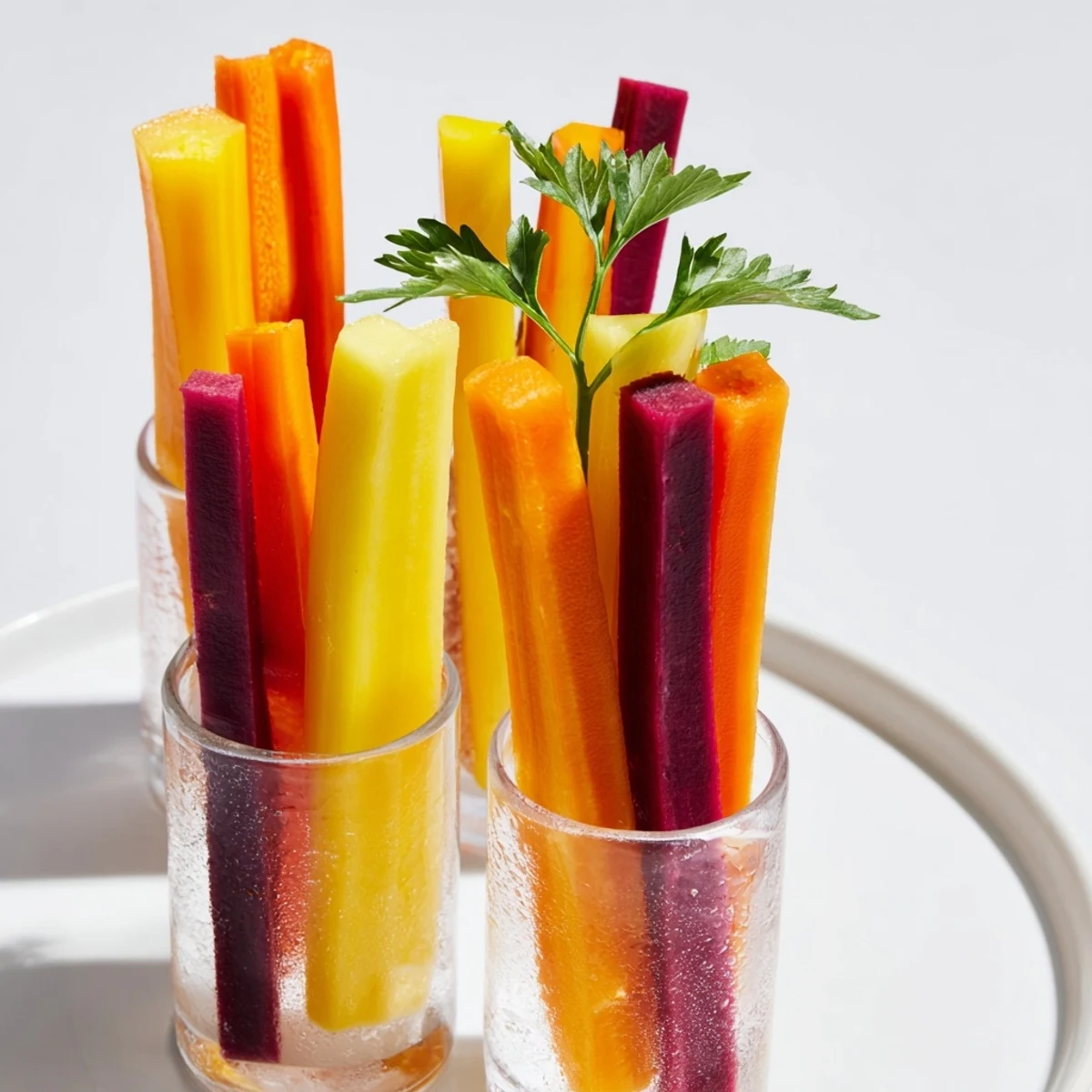 Crisp, colorful Simple Crudités: Carrot sticks standing tall in glasses, ready for easy healthy snacking.