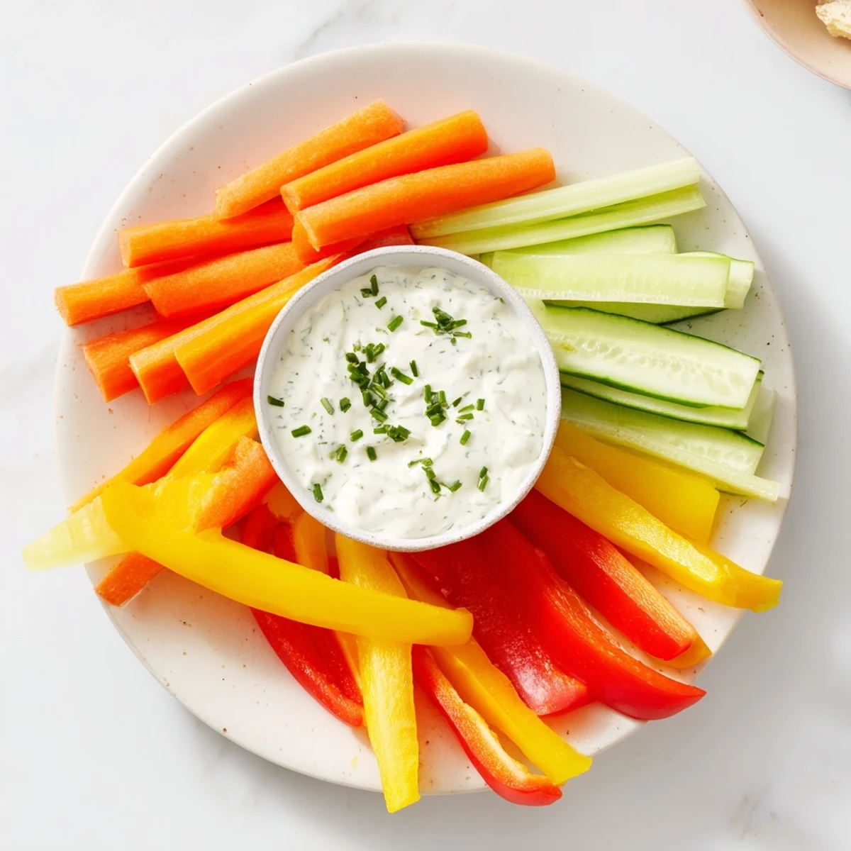 Creamy Kids Cream Cheese and Ranch Dip served with colorful crisp vegetable sticks for dipping delight.